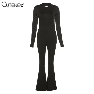 Sexy Backless Bodycon Flare Leg Jumpsuit Casual Slim Long Sleeve O-Neck Playsuit