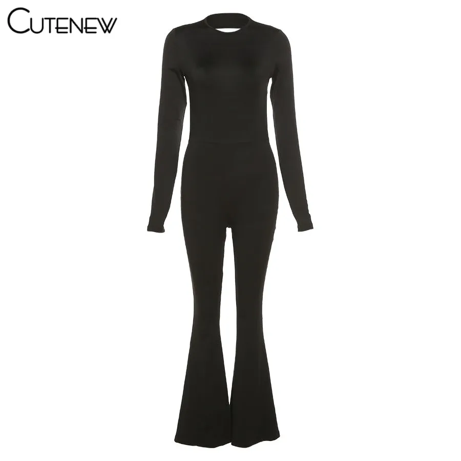 Sexy Backless Bodycon Flare Leg Jumpsuit Casual Slim Long Sleeve O-Neck Playsuit