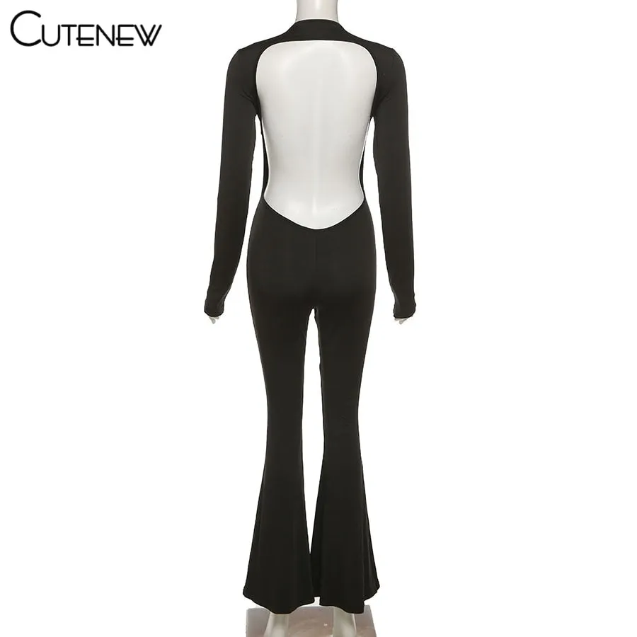Sexy Backless Bodycon Flare Leg Jumpsuit Casual Slim Long Sleeve O-Neck Playsuit
