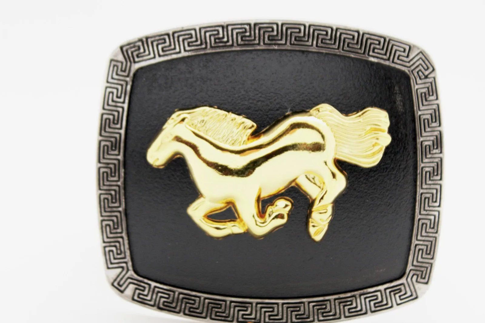 Shiny Gold Horse Black Rectangular Metal Belt Buckle