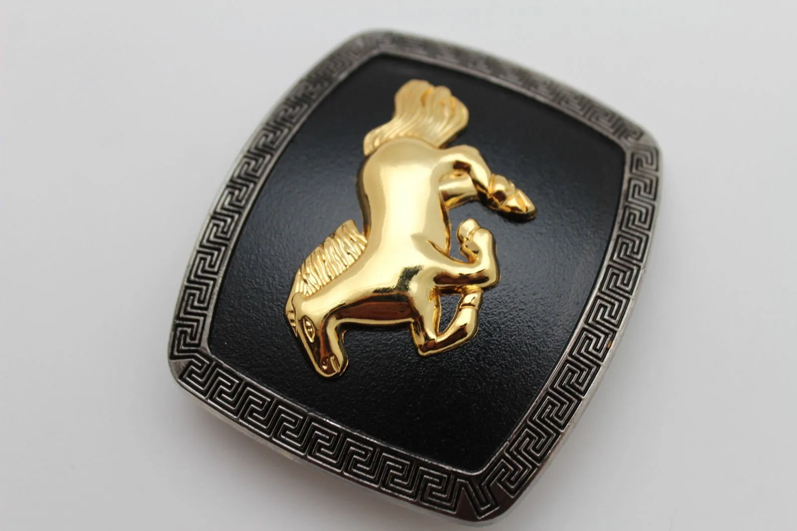 Shiny Gold Horse Black Rectangular Metal Belt Buckle