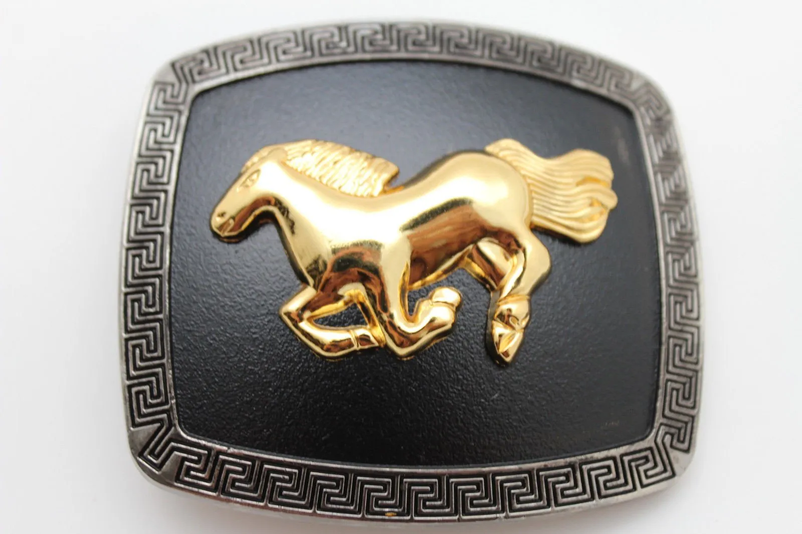 Shiny Gold Horse Black Rectangular Metal Belt Buckle