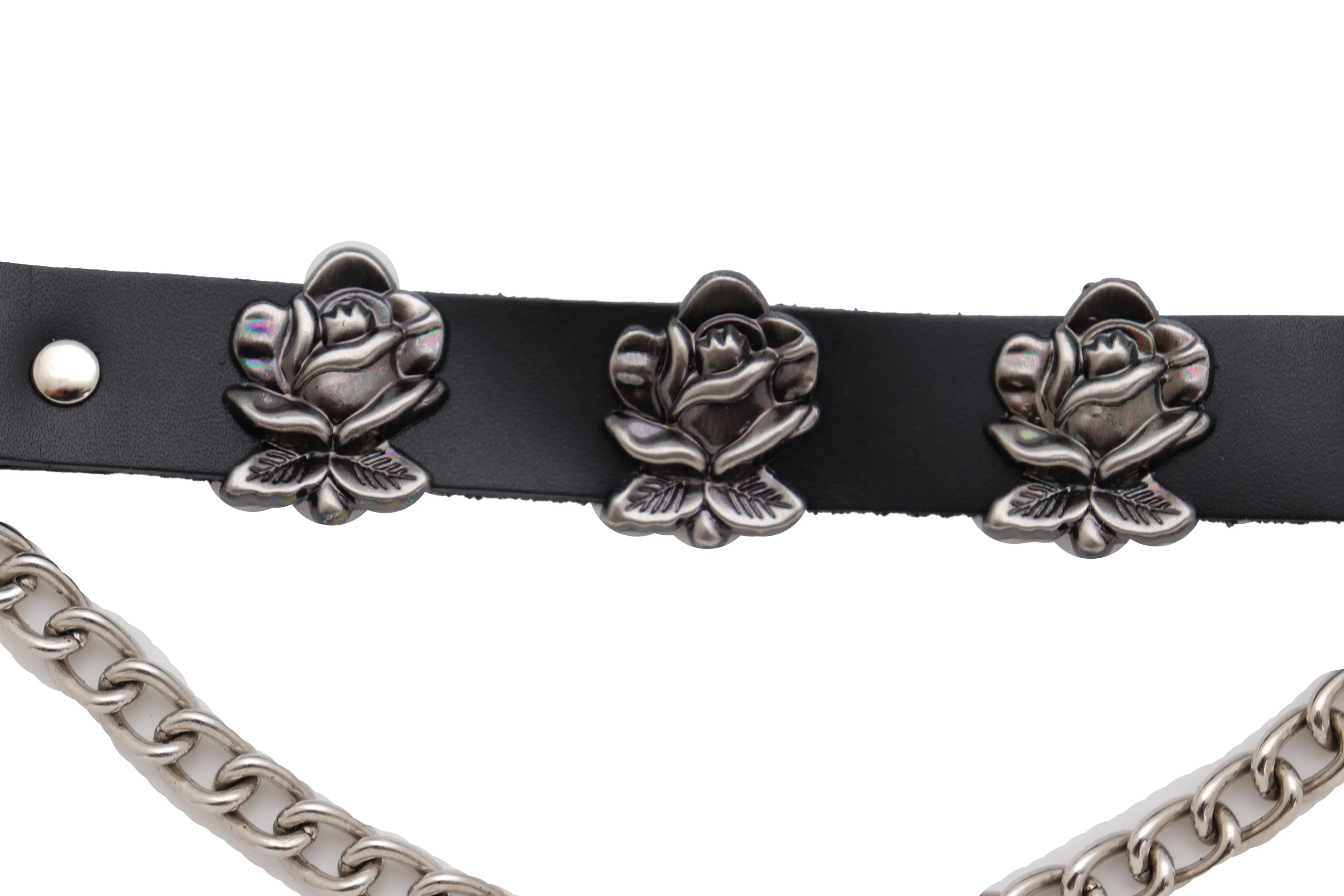 Silver Metal Chain Fashion Belt Hip High Waist Rose Flower Charms Size XS S M