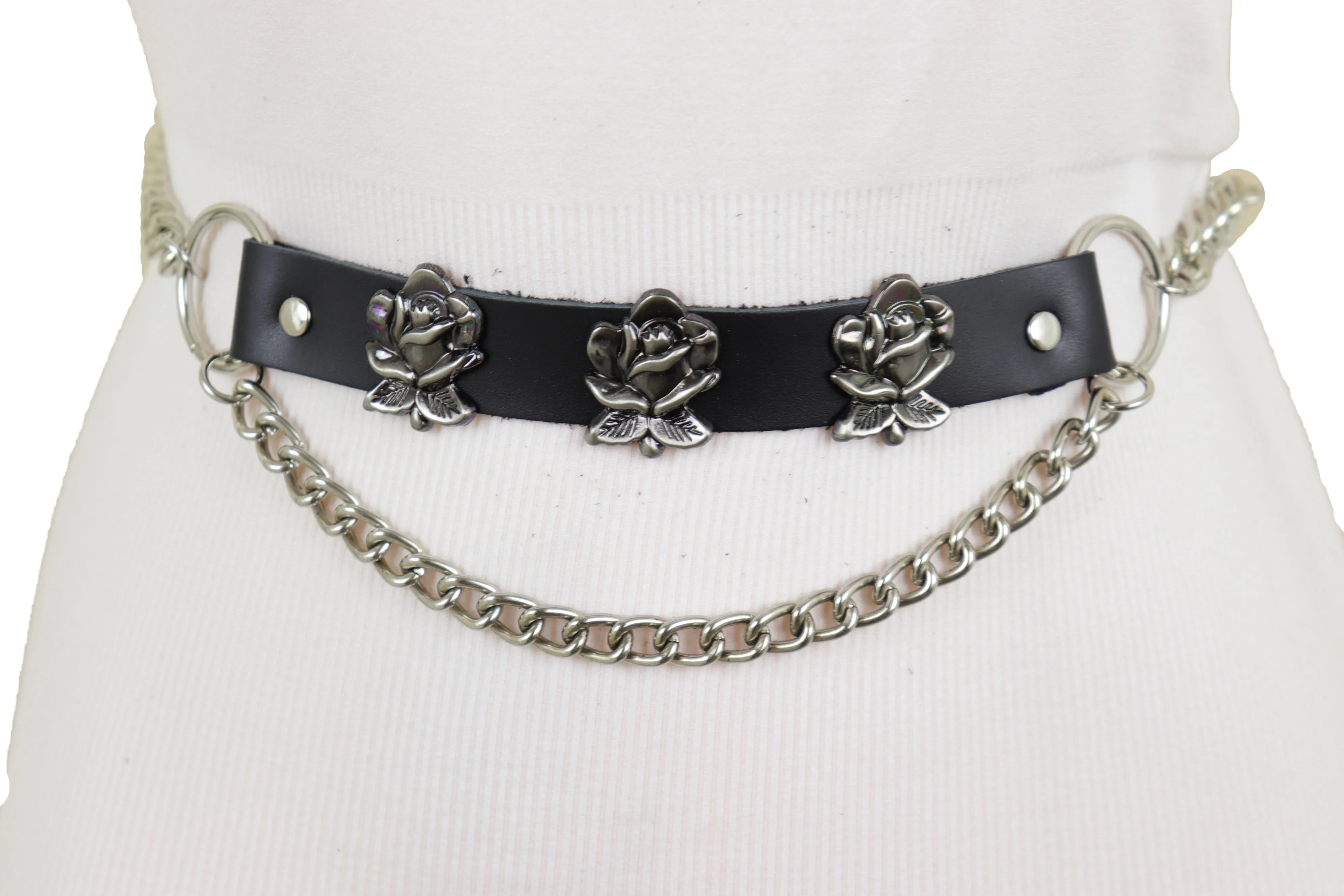 Silver Metal Chain Fashion Belt Hip High Waist Rose Flower Charms Size XS S M