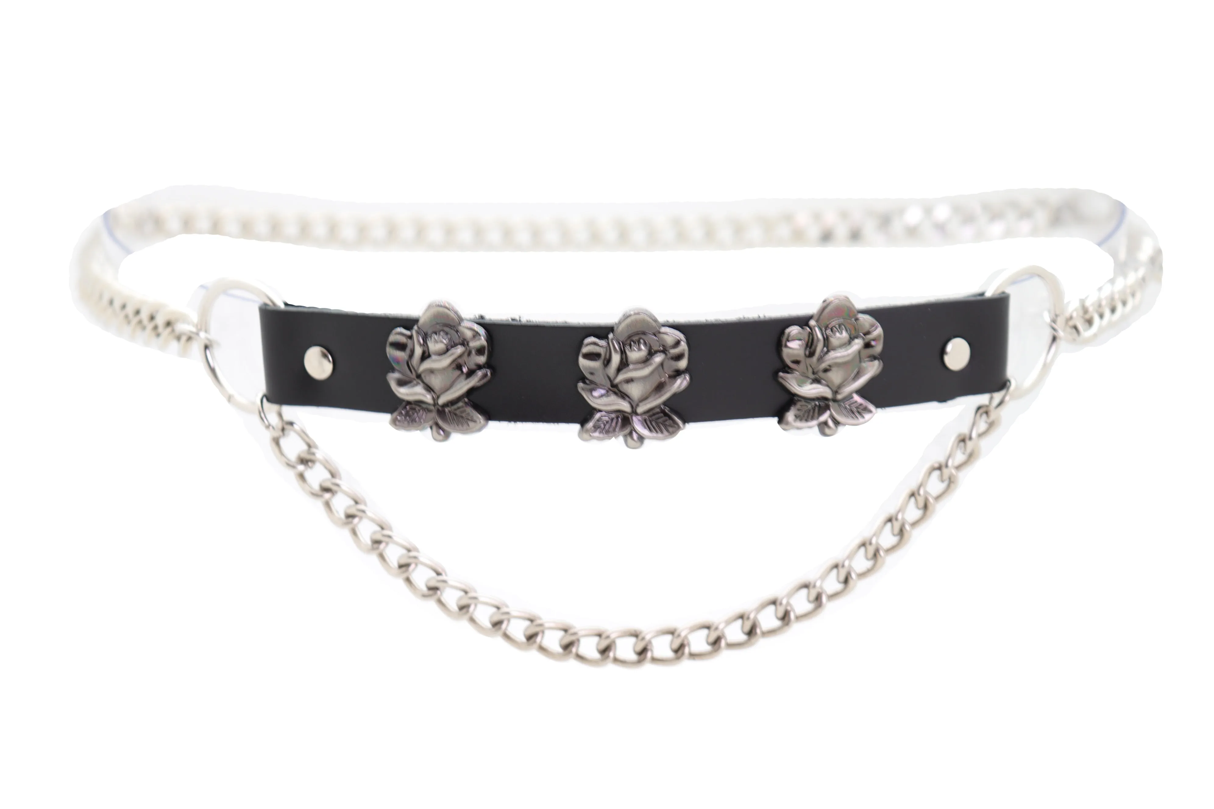 Silver Metal Chain Fashion Belt Hip High Waist Rose Flower Charms Size XS S M