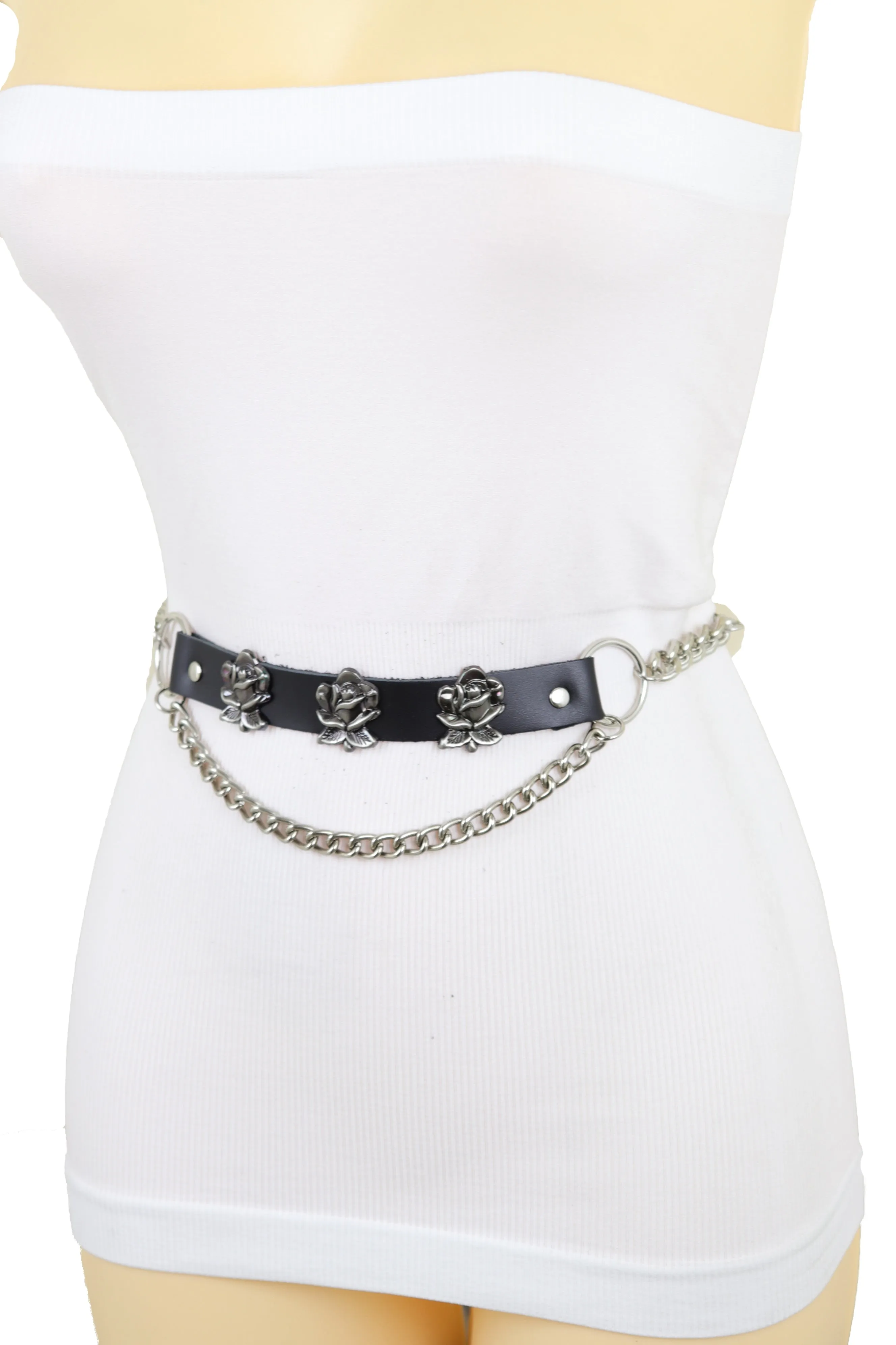 Silver Metal Chain Fashion Belt Hip High Waist Rose Flower Charms Size XS S M