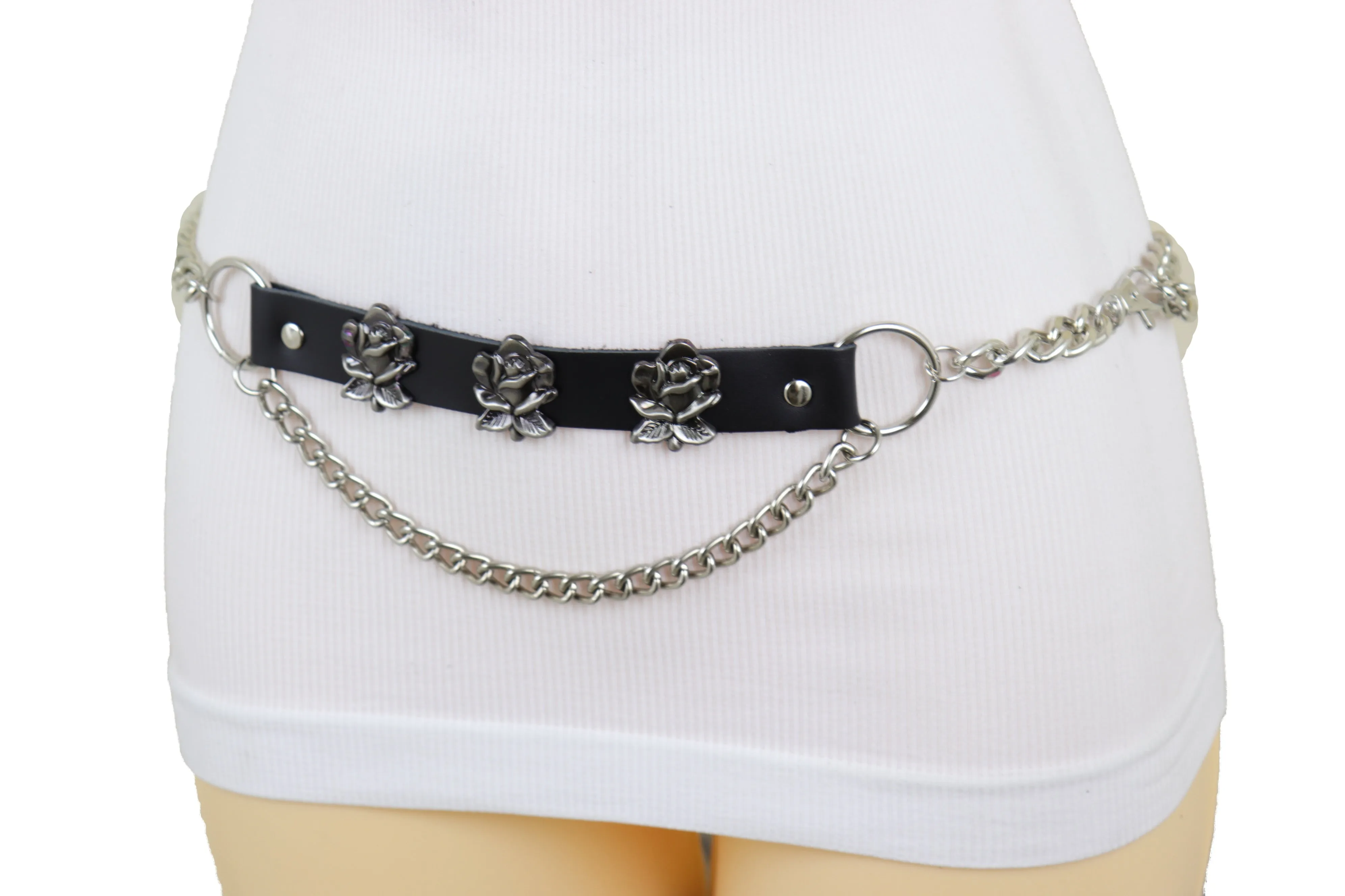 Silver Metal Chain Fashion Belt Hip High Waist Rose Flower Charms Size XS S M