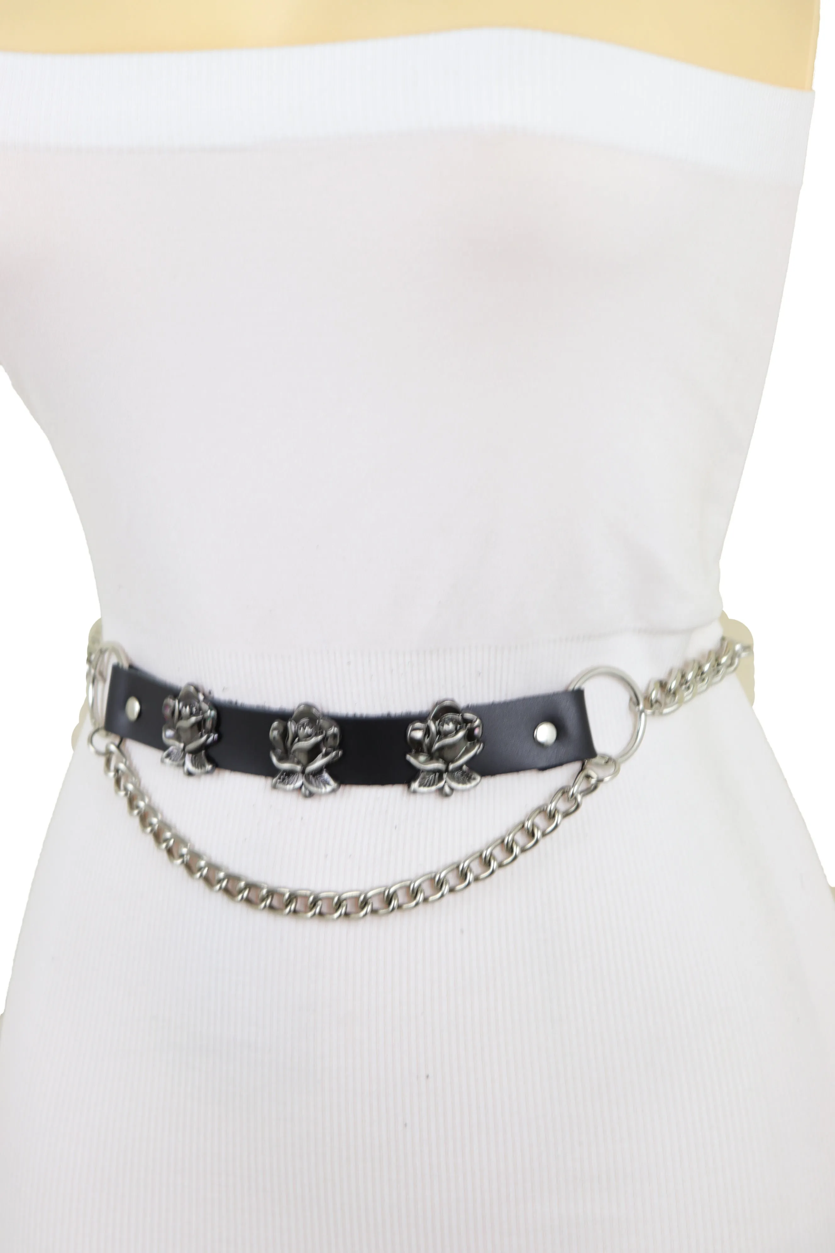 Silver Metal Chain Fashion Belt Hip High Waist Rose Flower Charms Size XS S M