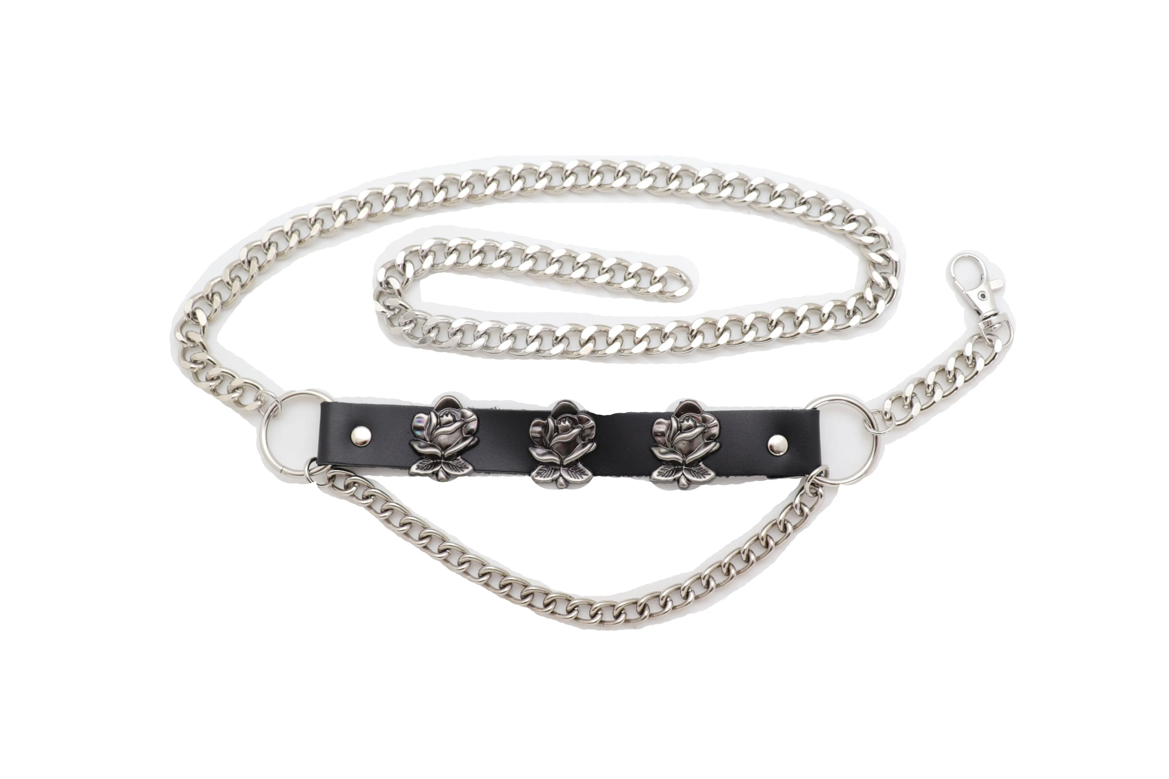 Silver Metal Chain Fashion Belt Hip High Waist Rose Flower Charms Size XS S M