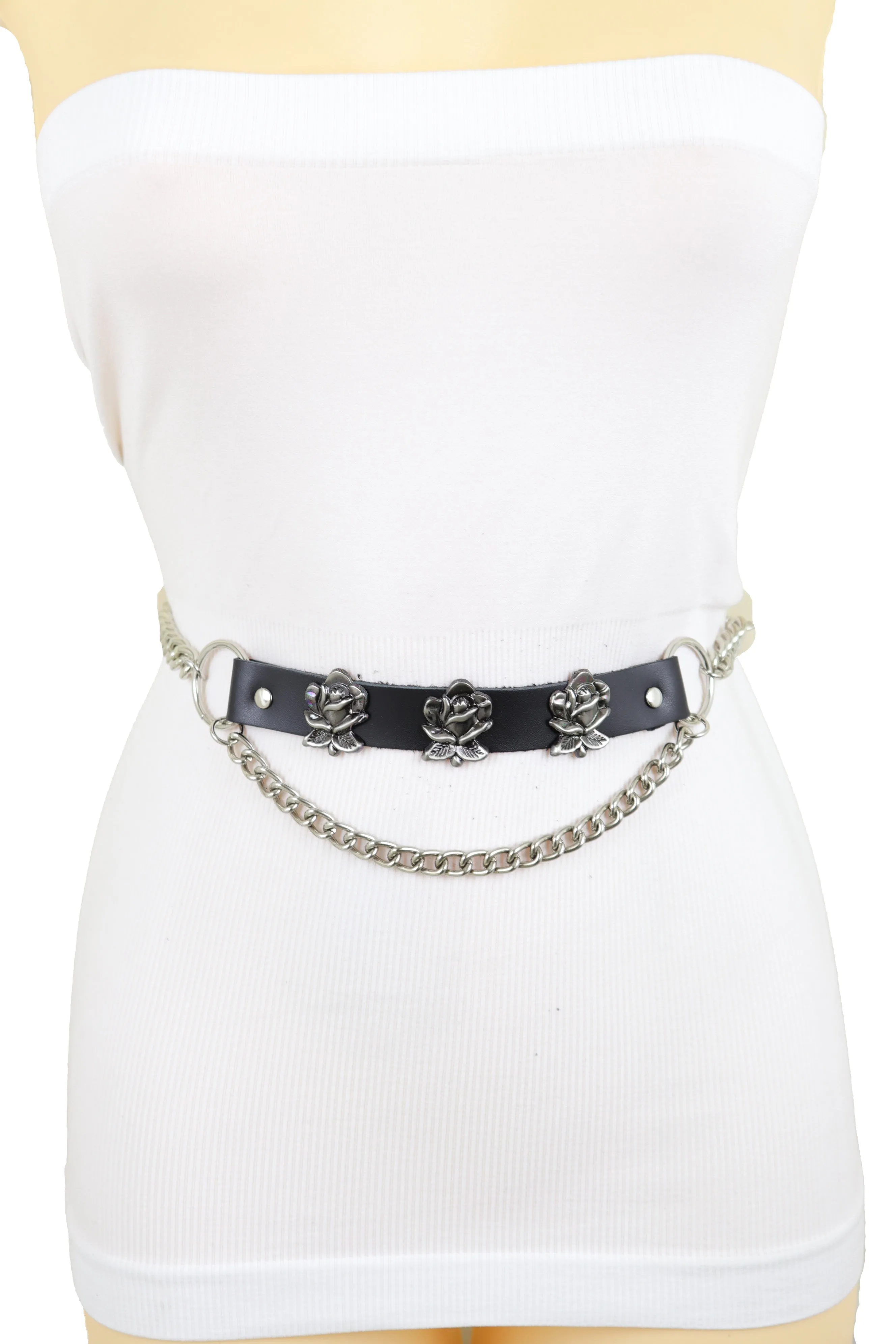 Silver Metal Chain Fashion Belt Hip High Waist Rose Flower Charms Size XS S M