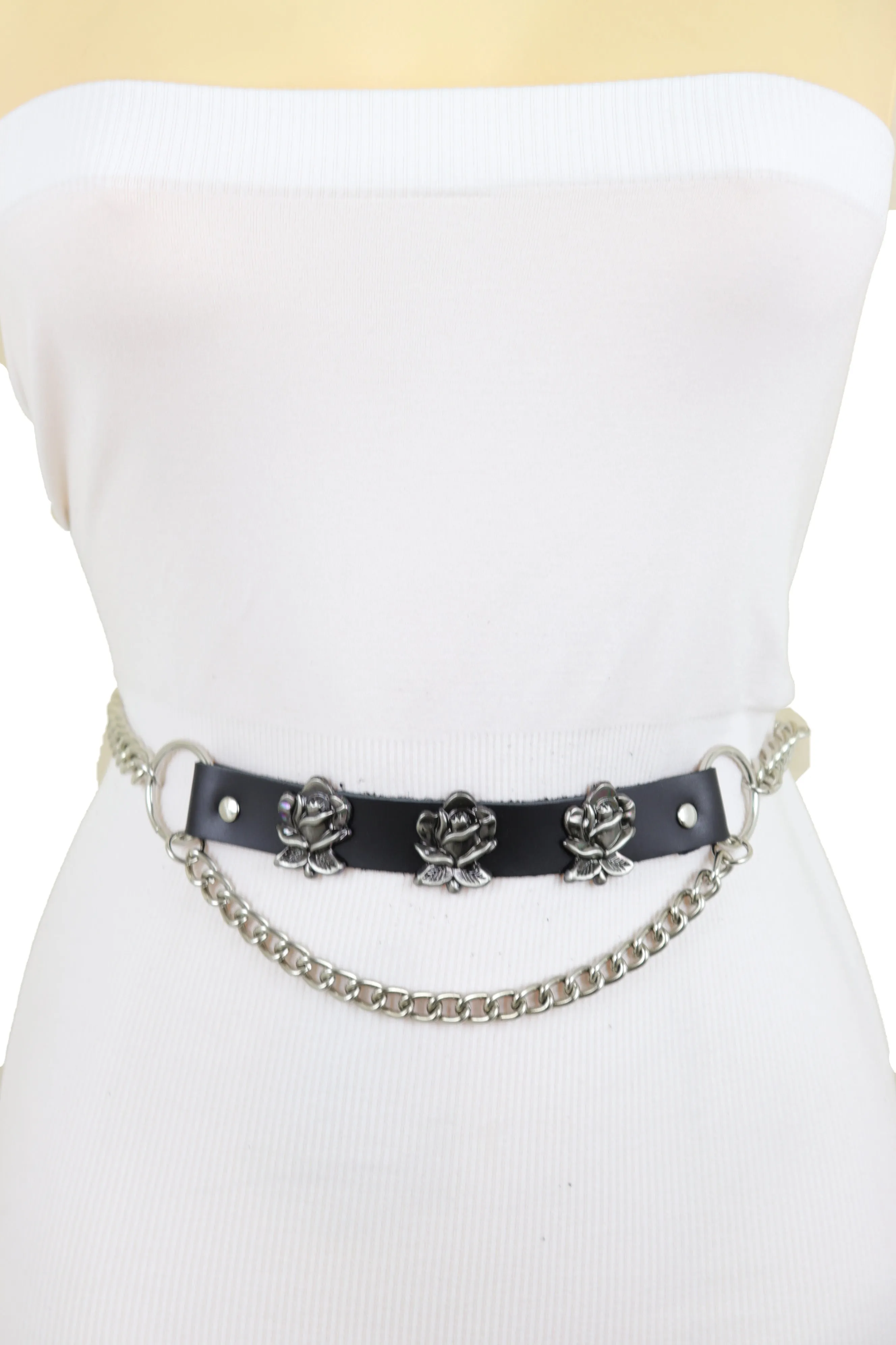 Silver Metal Chain Fashion Belt Hip High Waist Rose Flower Charms Size XS S M