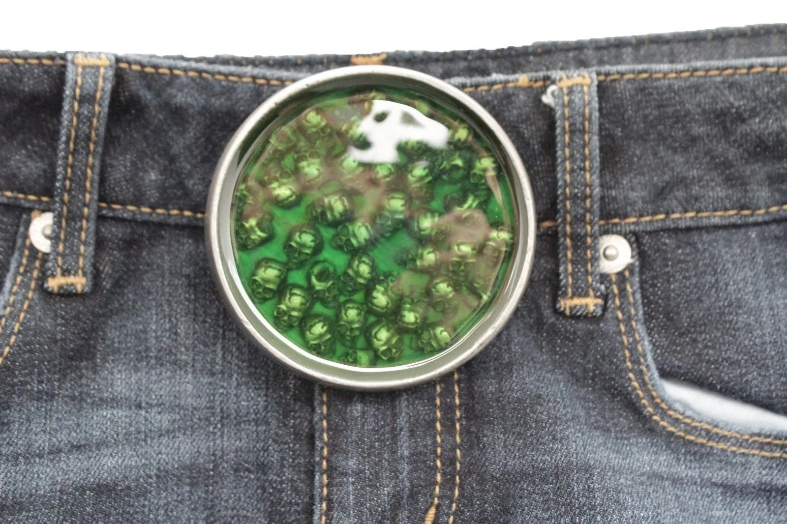 Silver Metal Round Belt Buckle Skeleton Skulls Gothic Green Brown Men Halloween Punk Accessories