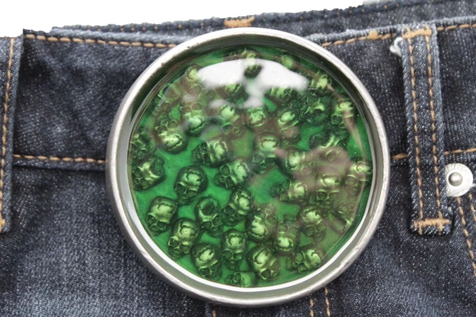 Silver Metal Round Belt Buckle Skeleton Skulls Gothic Green Brown Men Halloween Punk Accessories
