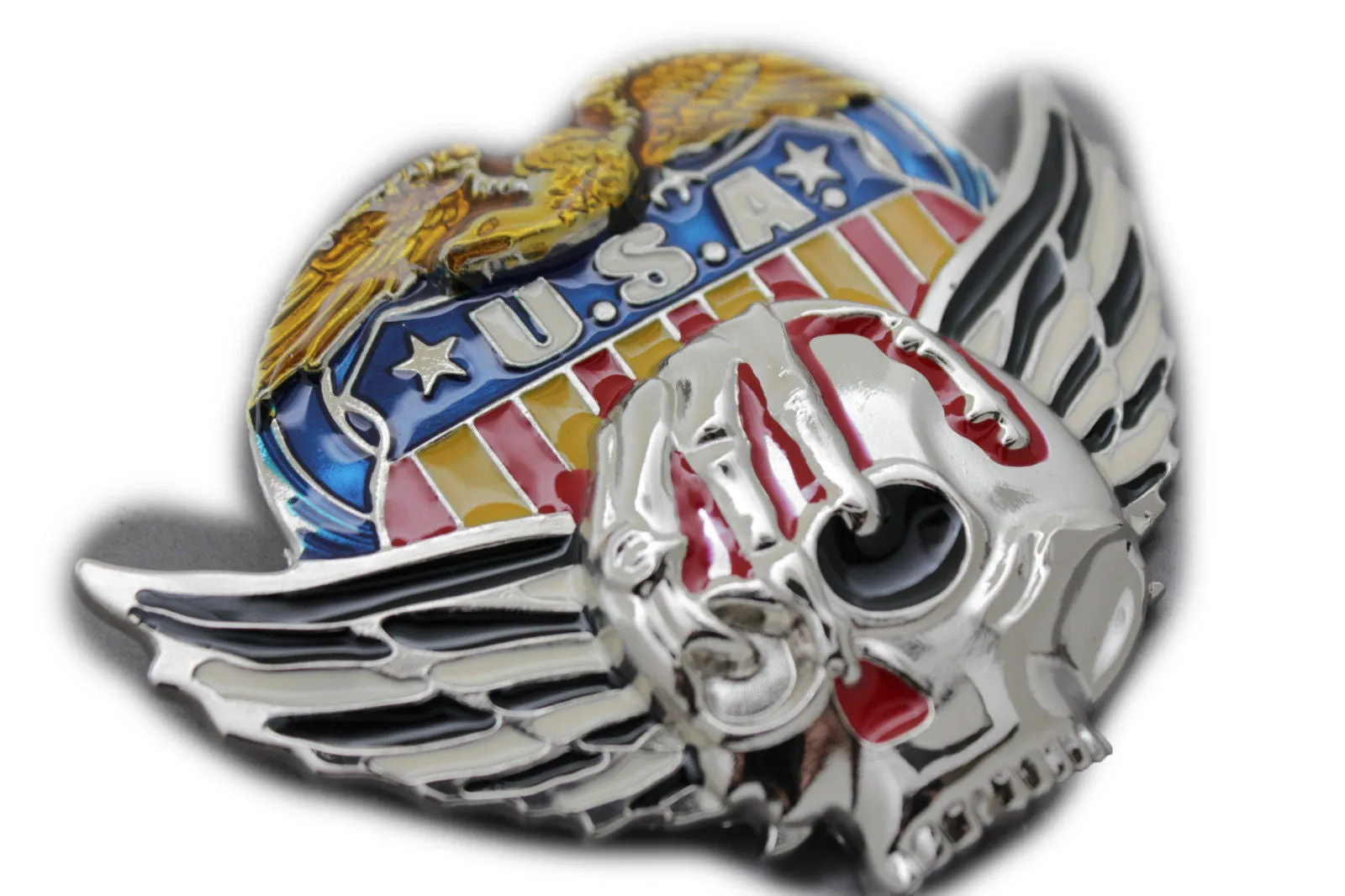 Silver Skull Wings Skeleton USA Army American Eagle Bloody Belt Buckle Men