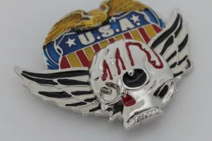 Silver Skull Wings Skeleton USA Army American Eagle Bloody Belt Buckle Men