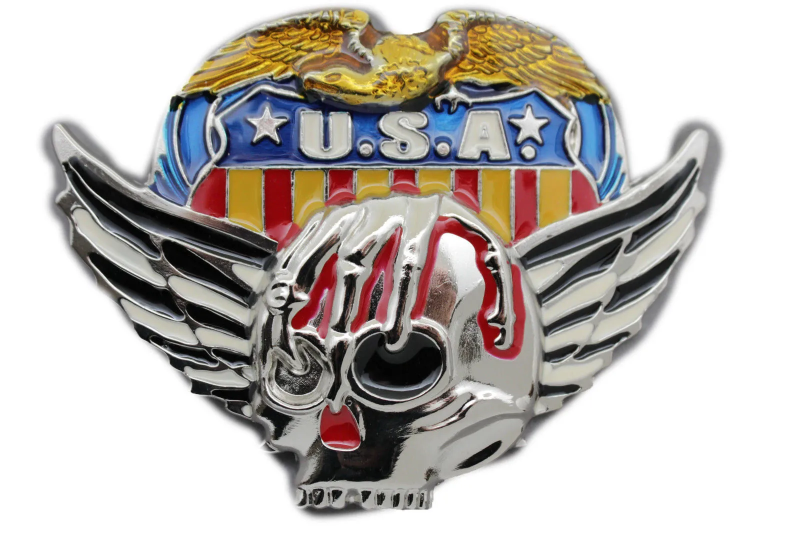 Silver Skull Wings Skeleton USA Army American Eagle Bloody Belt Buckle Men
