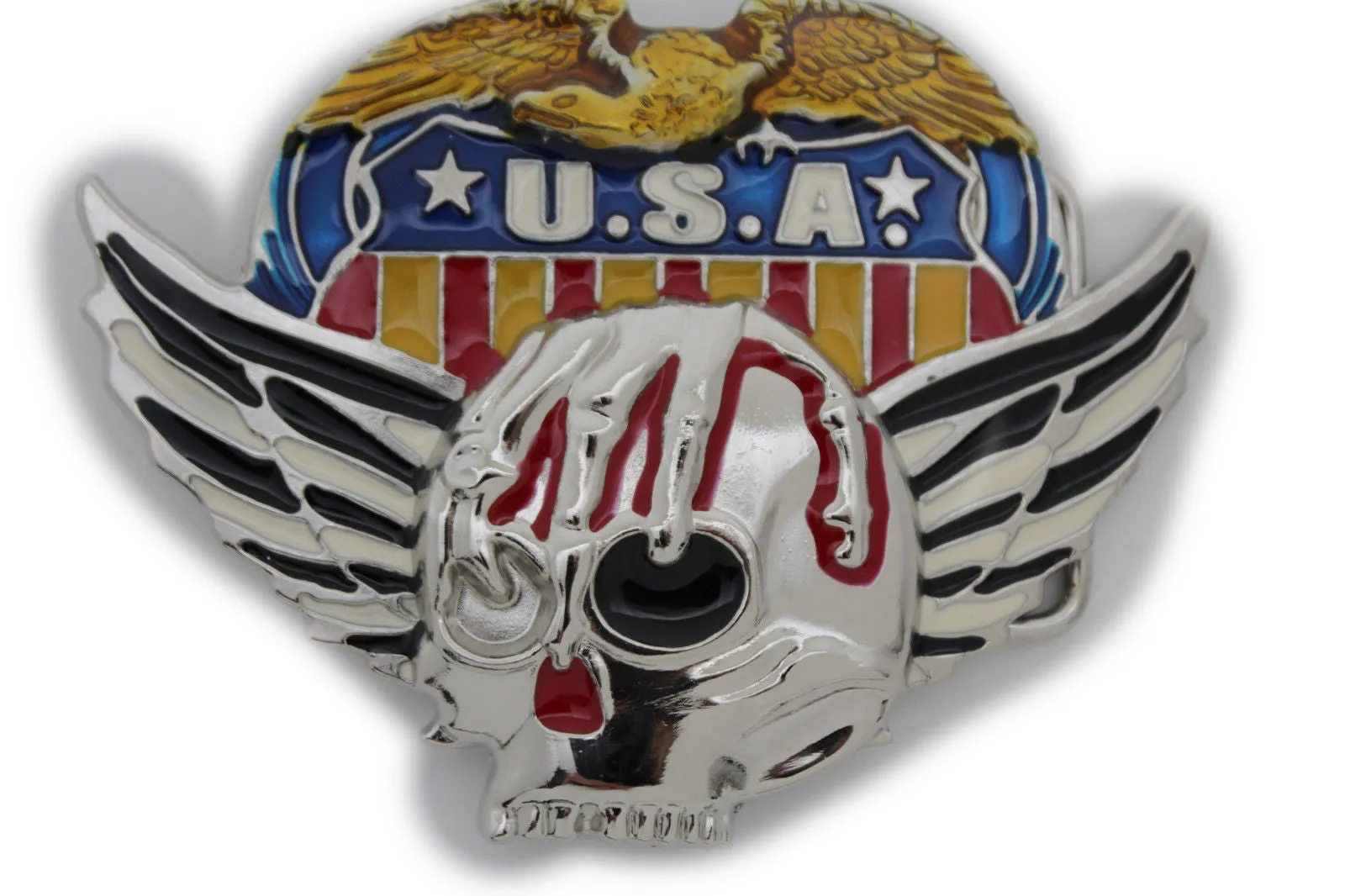 Silver Skull Wings Skeleton USA Army American Eagle Bloody Belt Buckle Men