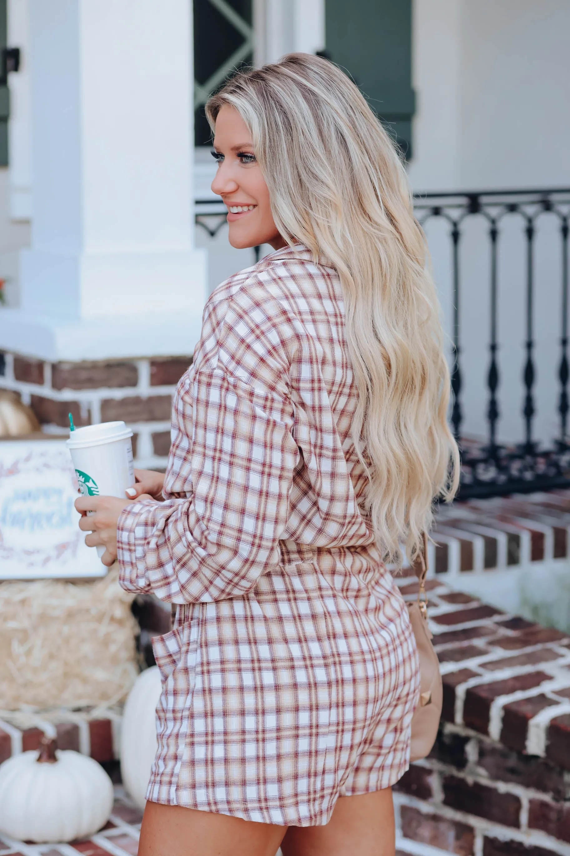 Simple Life Plaid Pocketed Romper - Burgundy