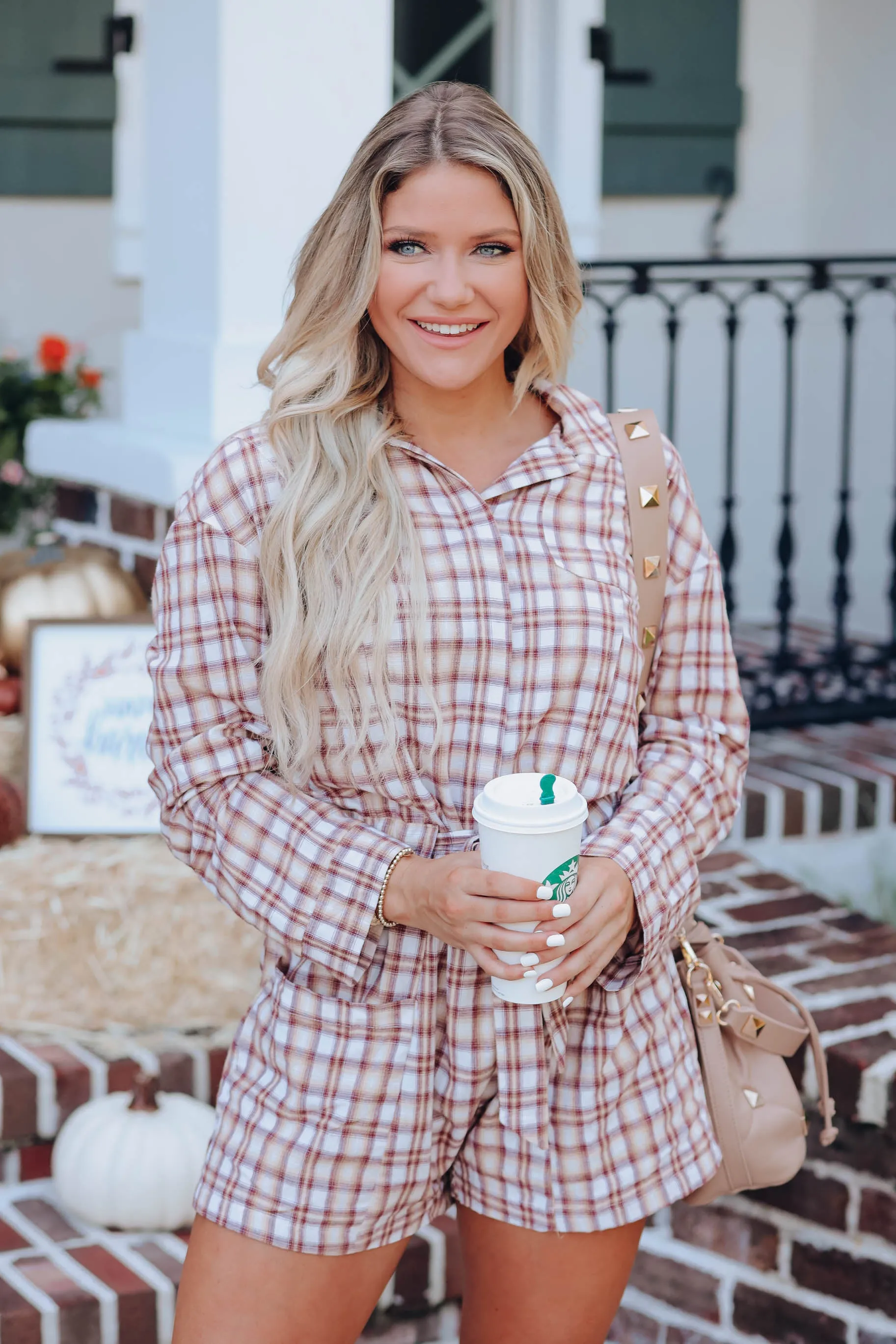 Simple Life Plaid Pocketed Romper - Burgundy