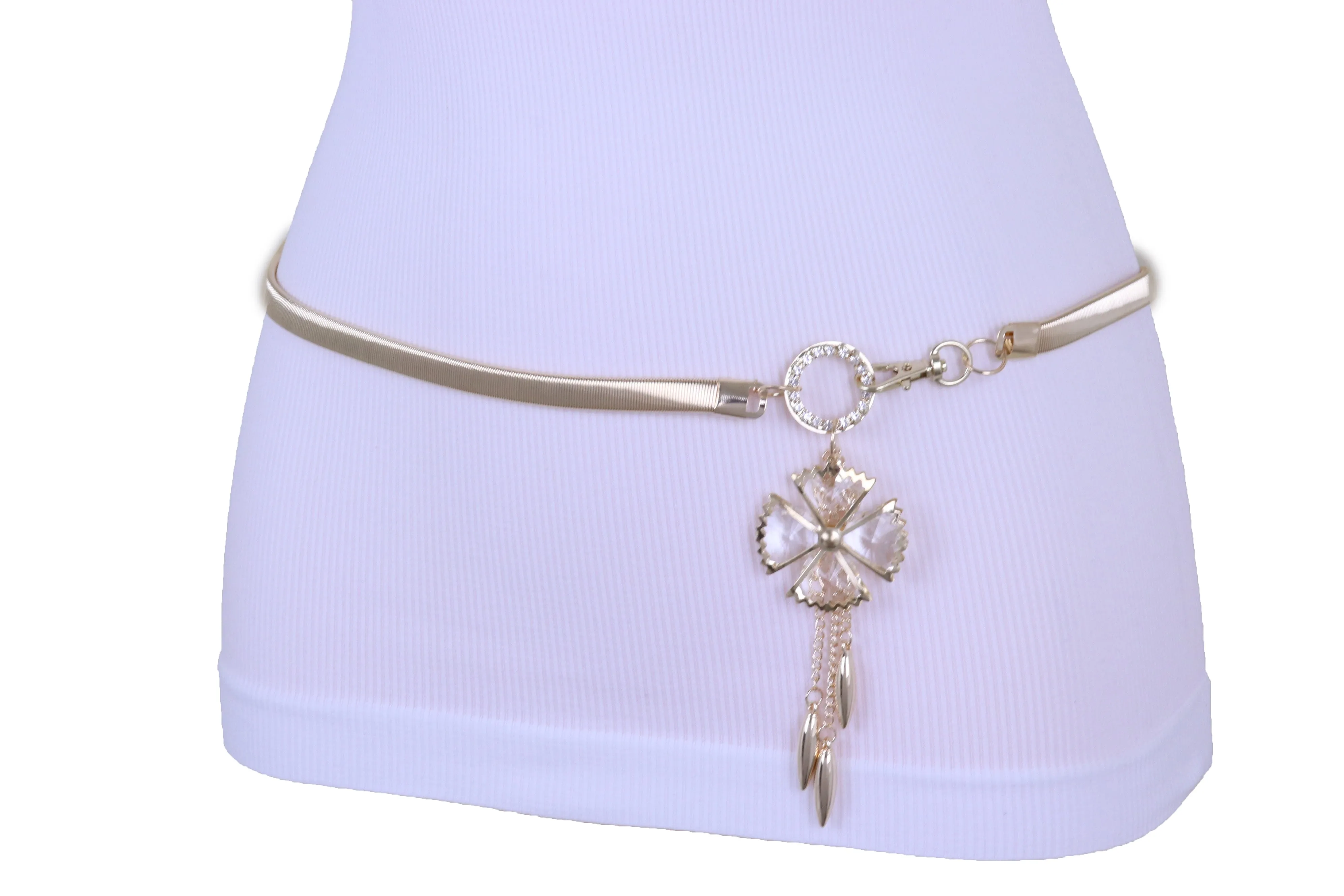 Skinny Elastic Waistband Belt Gold Metal Flower Hip High Waist Size S M L