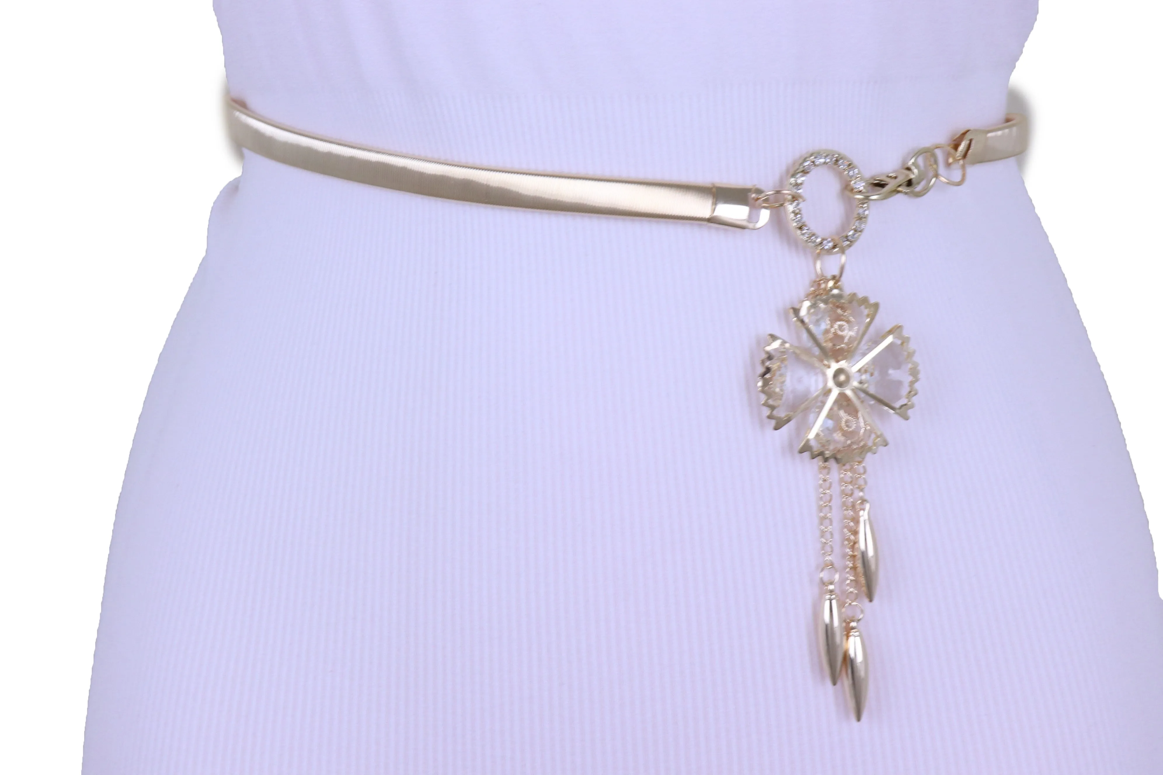 Skinny Elastic Waistband Belt Gold Metal Flower Hip High Waist Size S M L