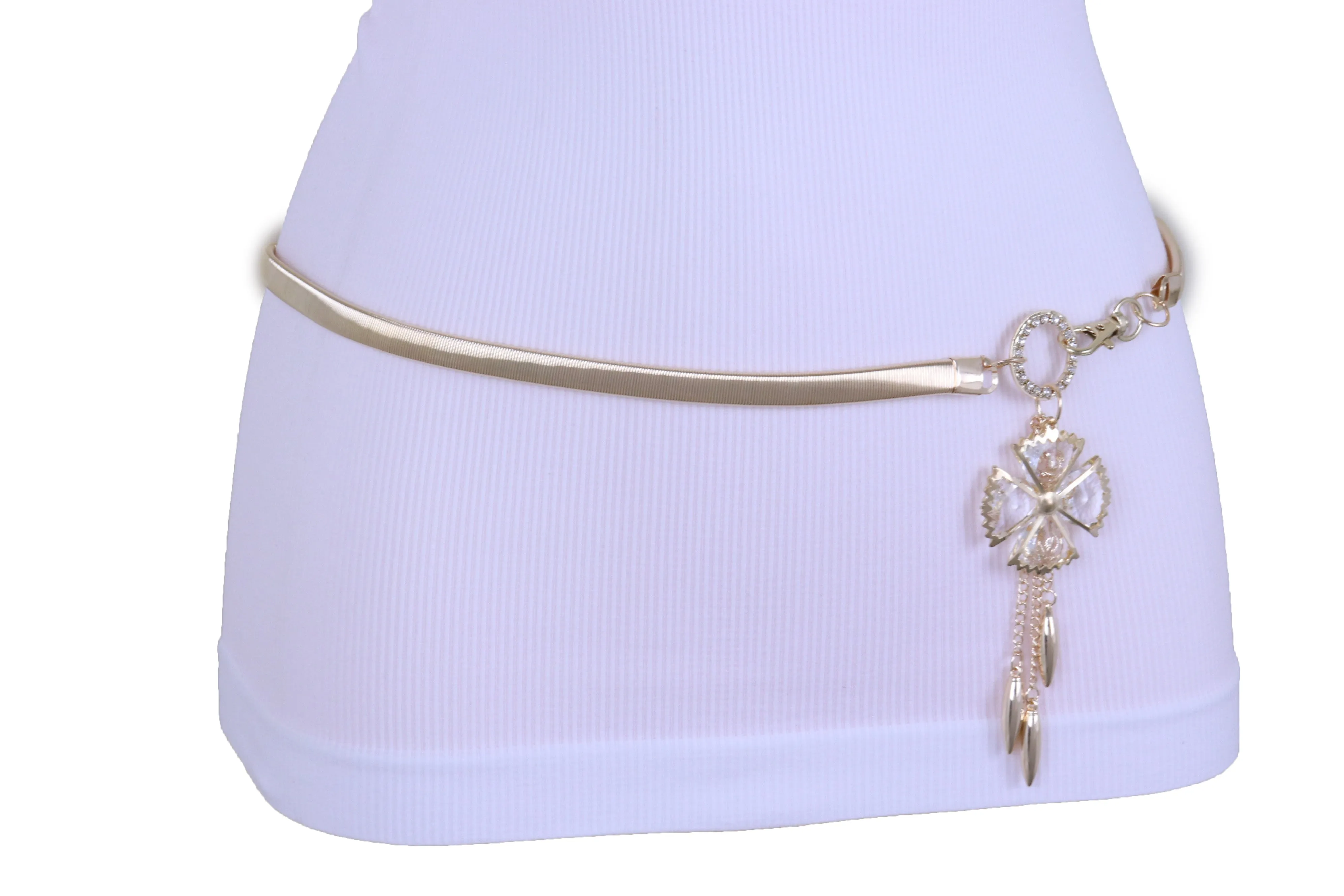 Skinny Elastic Waistband Belt Gold Metal Flower Hip High Waist Size S M L