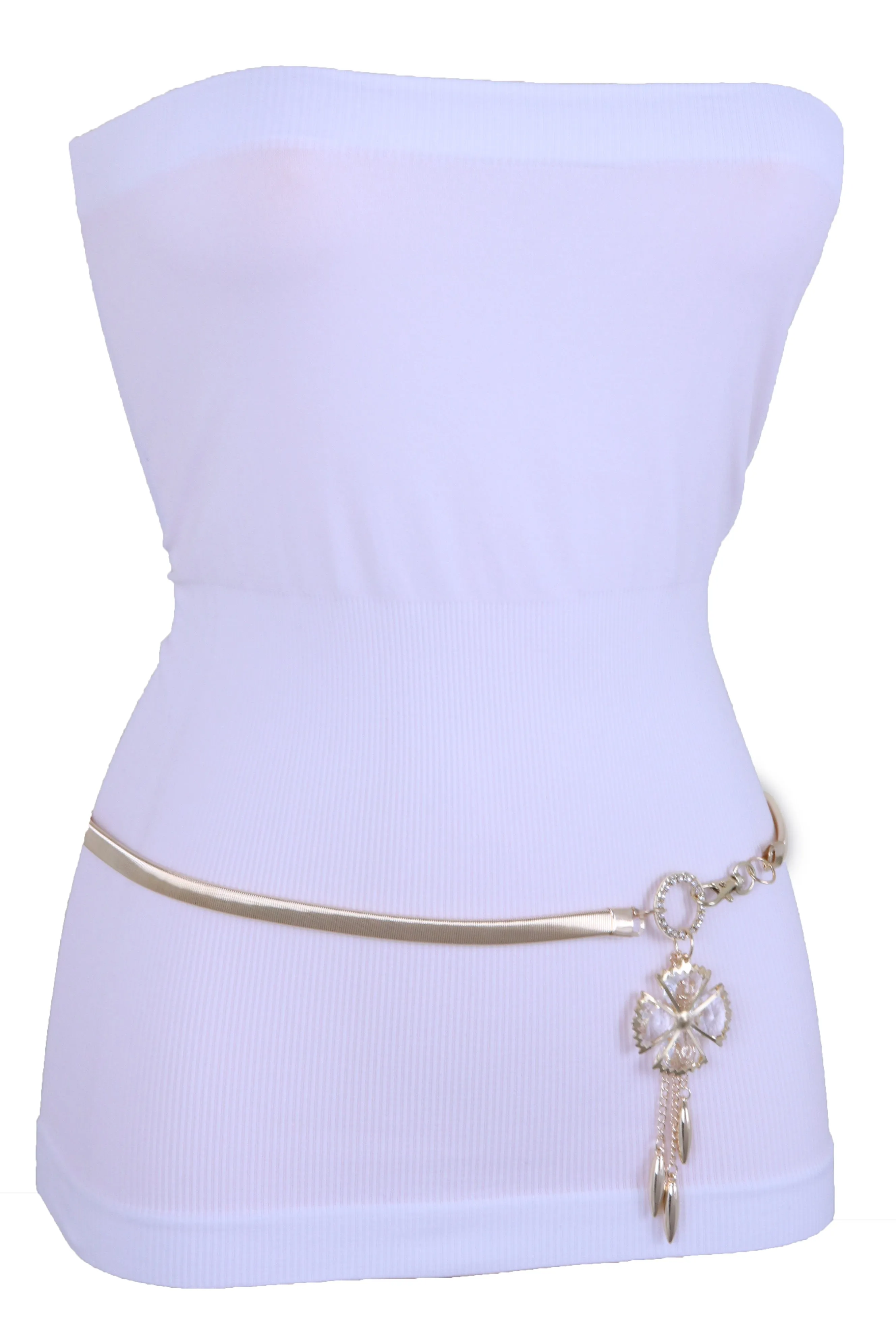 Skinny Elastic Waistband Belt Gold Metal Flower Hip High Waist Size S M L