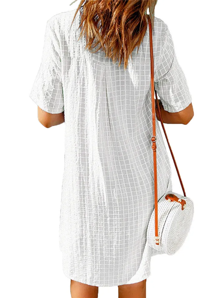 Solid Color Lapel Plaid Short Sleeve Dresses