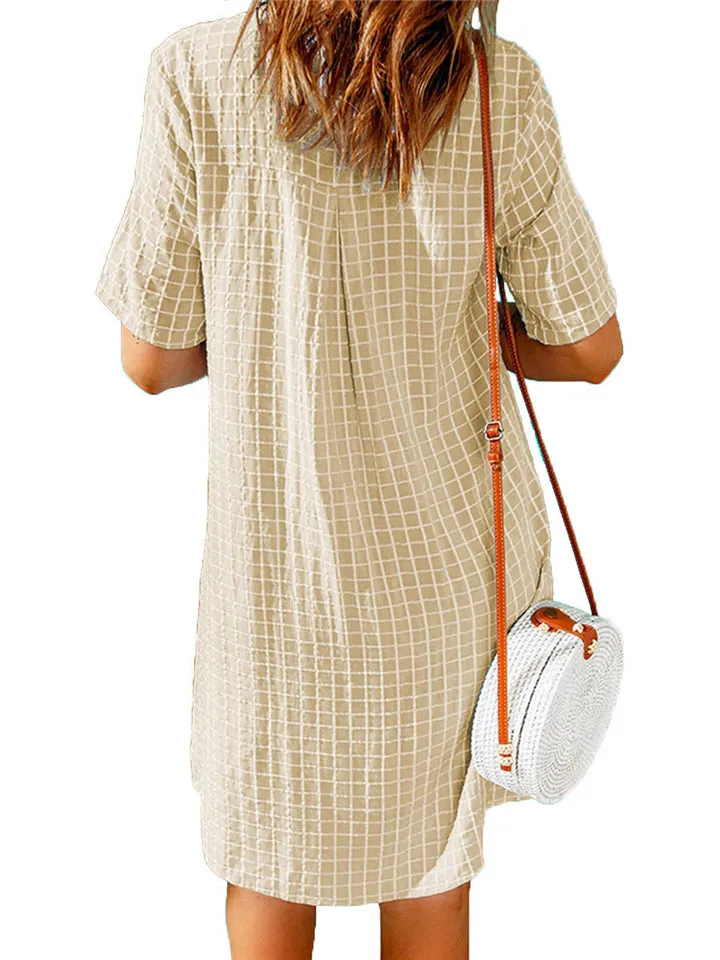 Solid Color Lapel Plaid Short Sleeve Dresses