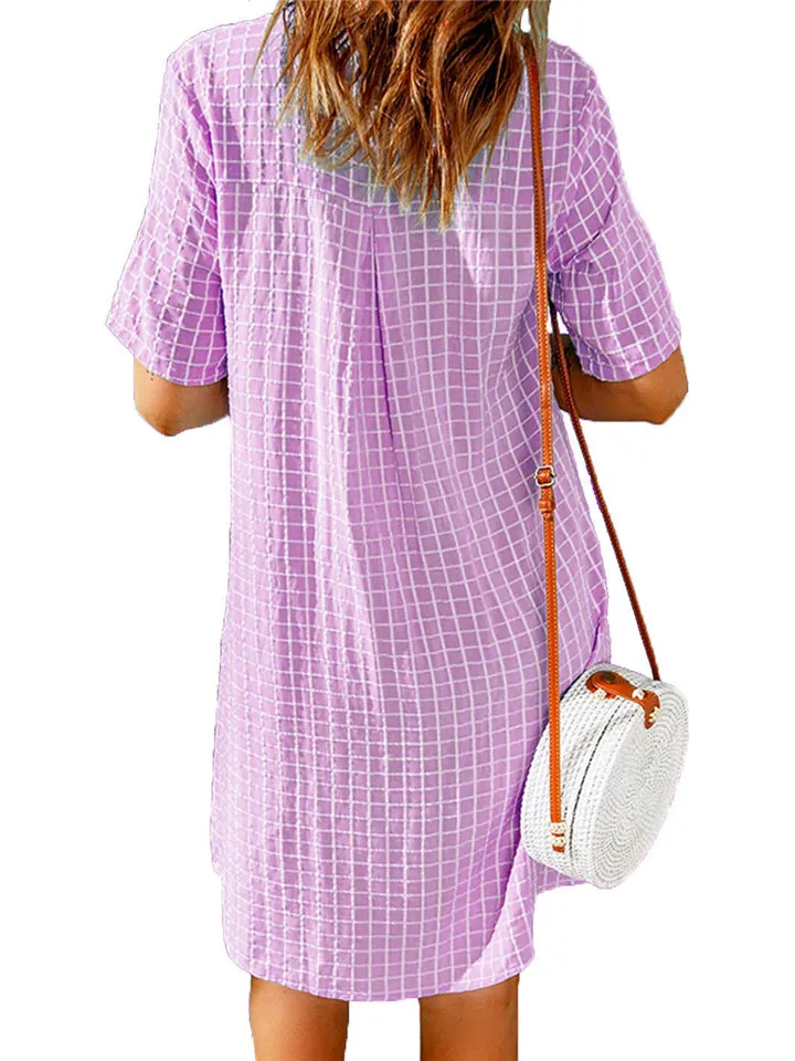 Solid Color Lapel Plaid Short Sleeve Dresses