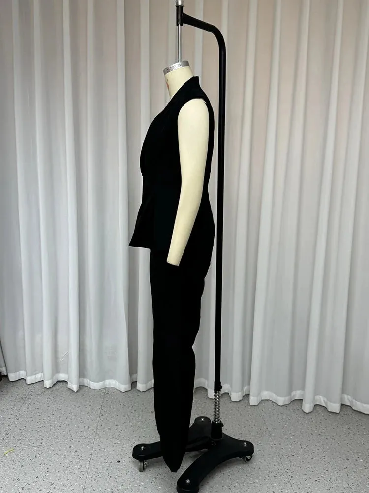 Solid Elegant Two Piece Sets For Women Lapel Sleeveless Spliced Button Tops High Waist Flare Pants Temperament Set Female