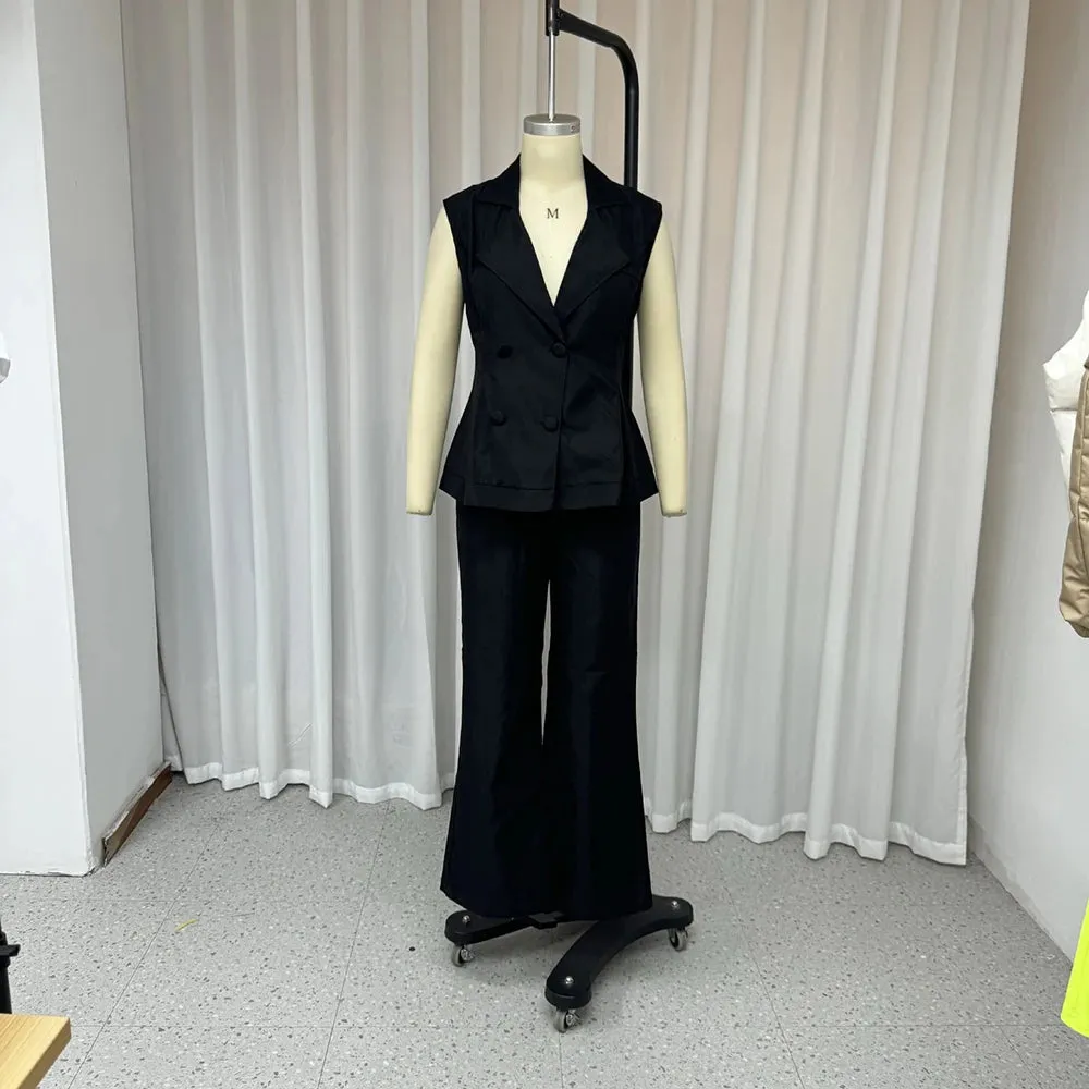 Solid Elegant Two Piece Sets For Women Lapel Sleeveless Spliced Button Tops High Waist Flare Pants Temperament Set Female