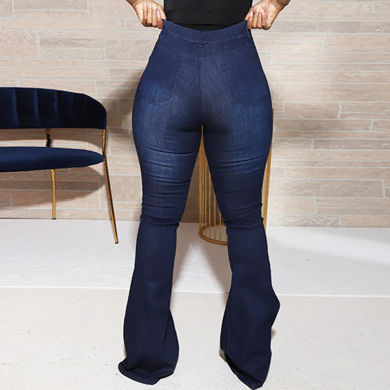 Solid High Waist Bell Bottom Denim Pants