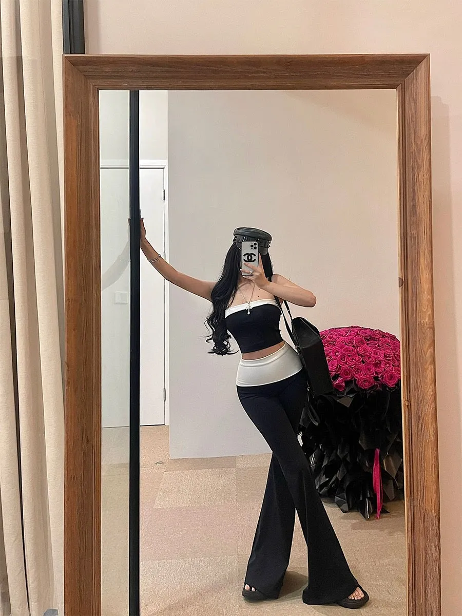 Tabby Black Grey Contrast Color Set, Sleeveless Slim Bodycon Tube Top   Long Flare Pants Matching Set