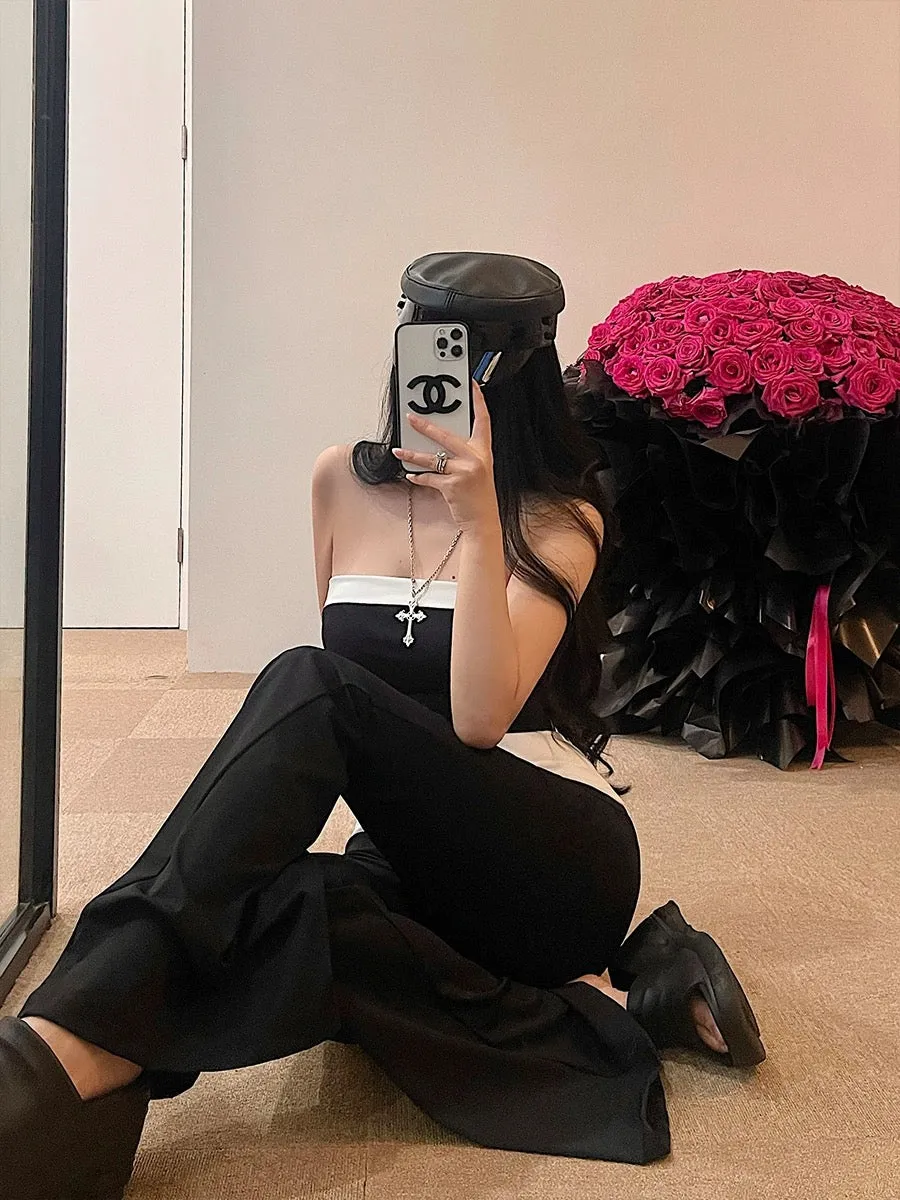 Tabby Black Grey Contrast Color Set, Sleeveless Slim Bodycon Tube Top   Long Flare Pants Matching Set