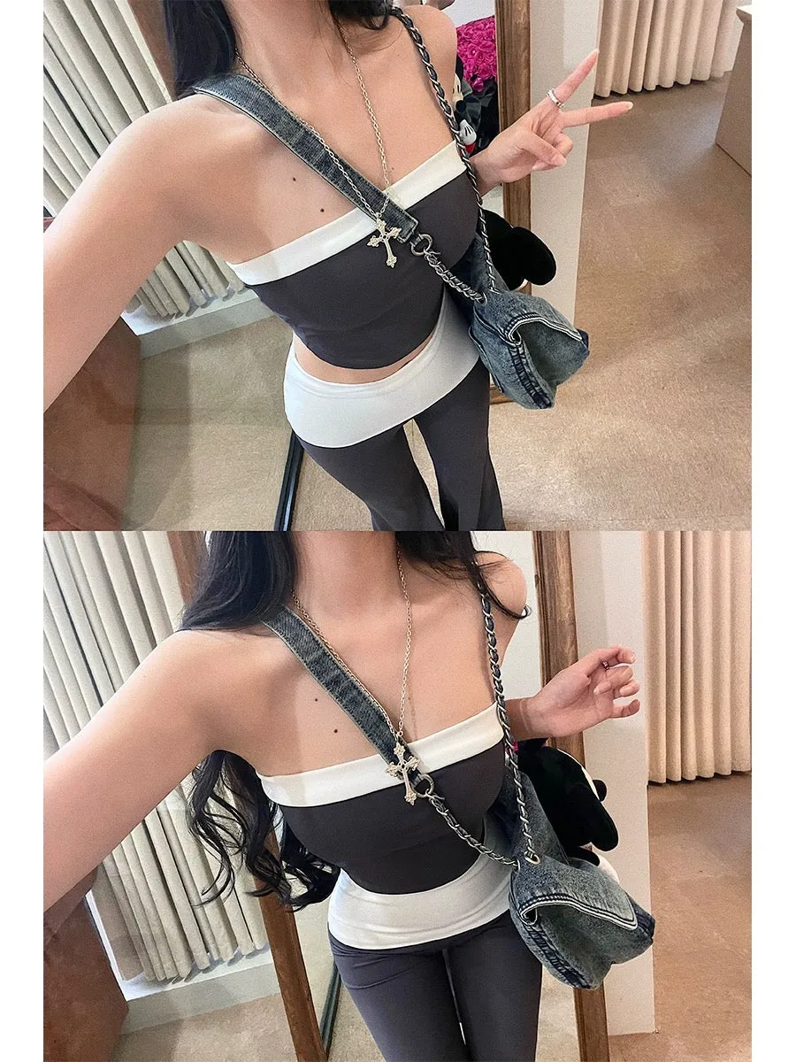 Tabby Black Grey Contrast Color Set, Sleeveless Slim Bodycon Tube Top   Long Flare Pants Matching Set
