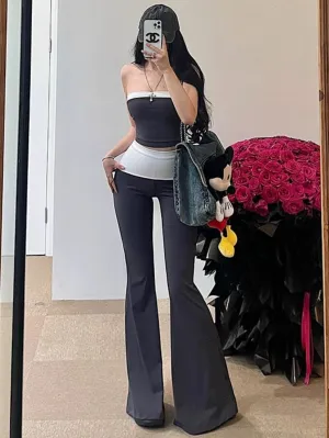 Tabby Black Grey Contrast Color Set, Sleeveless Slim Bodycon Tube Top   Long Flare Pants Matching Set