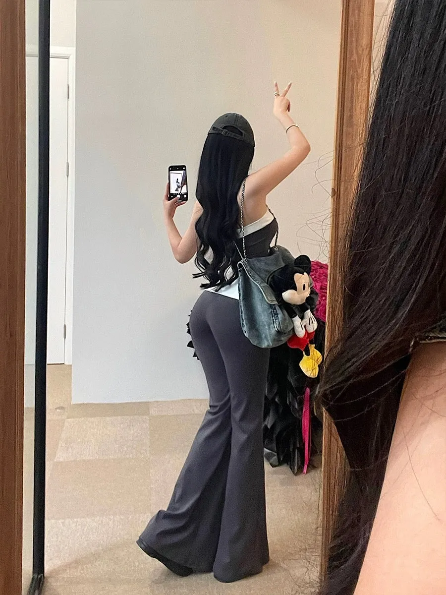 Tabby Black Grey Contrast Color Set, Sleeveless Slim Bodycon Tube Top   Long Flare Pants Matching Set