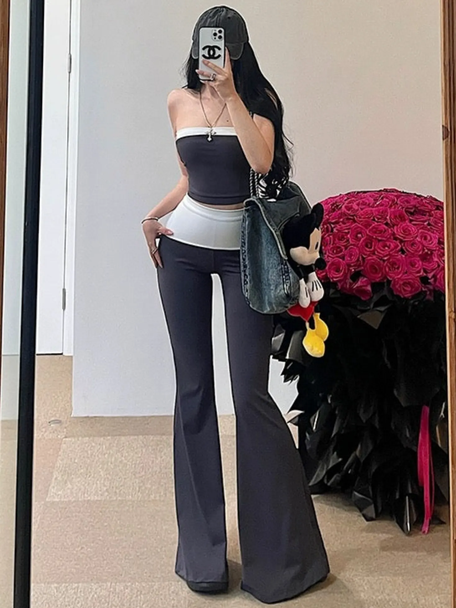 Tabby Black Grey Contrast Color Set, Sleeveless Slim Bodycon Tube Top   Long Flare Pants Matching Set