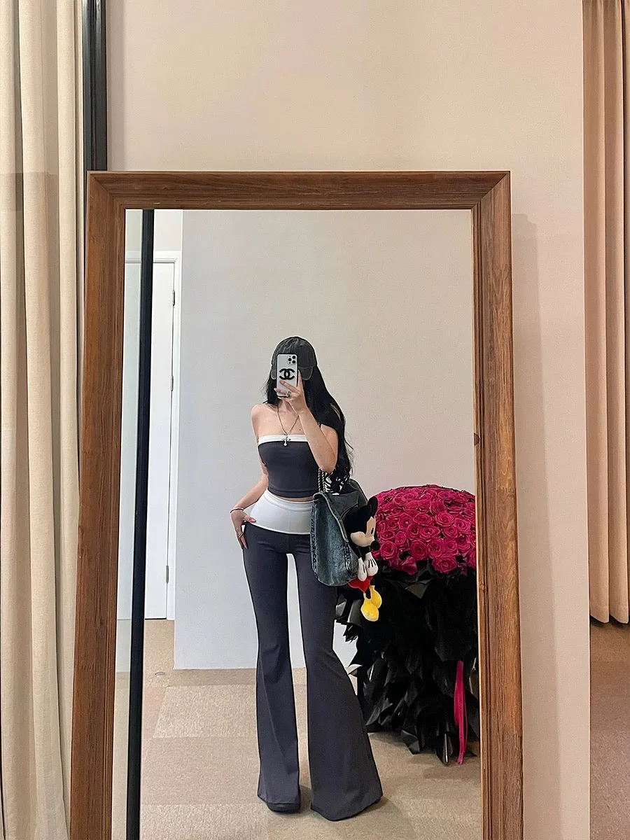 Tabby Black Grey Contrast Color Set, Sleeveless Slim Bodycon Tube Top   Long Flare Pants Matching Set