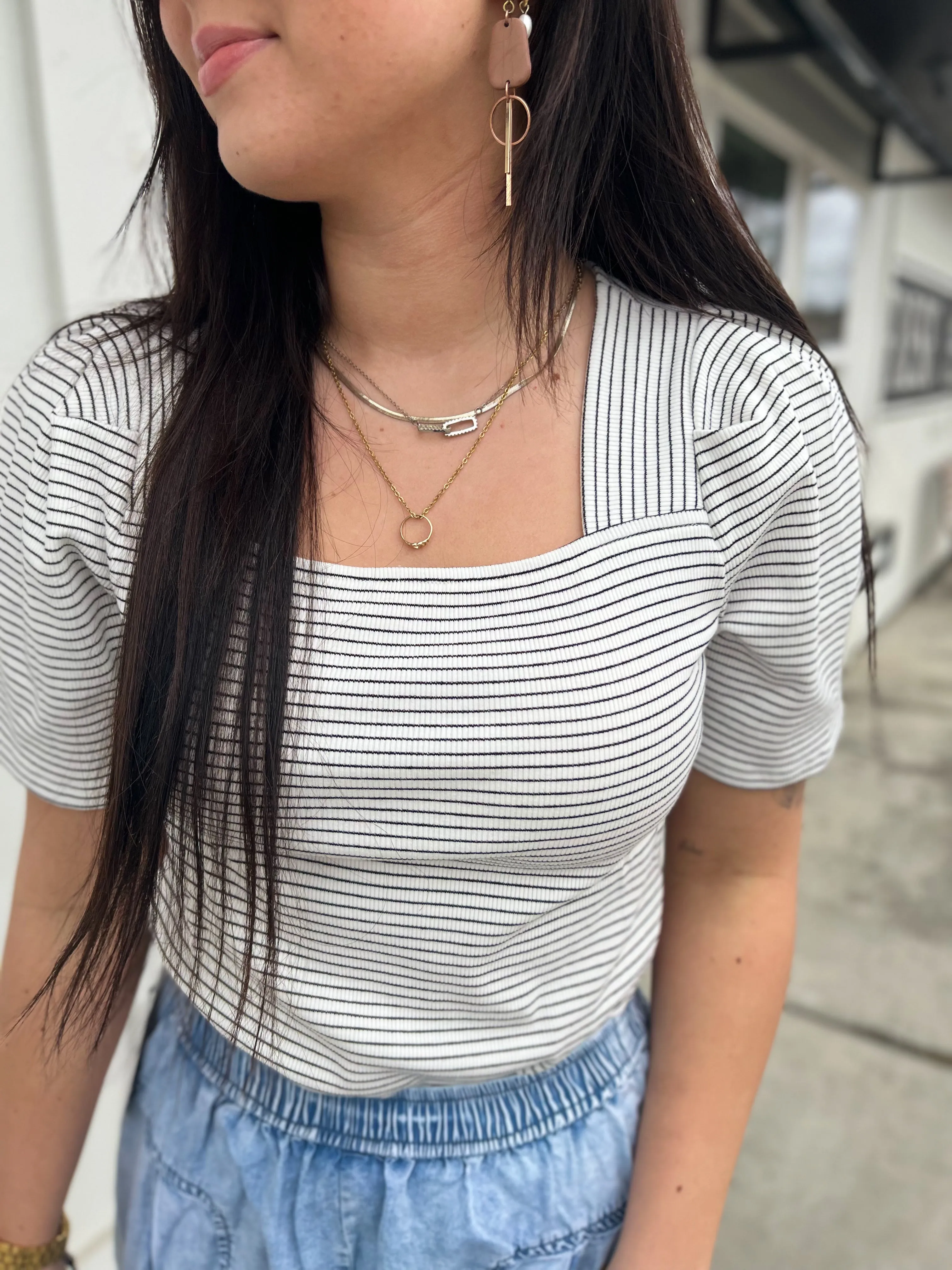 Tash Puff Striped Square Neckline SS Top- White/BLK