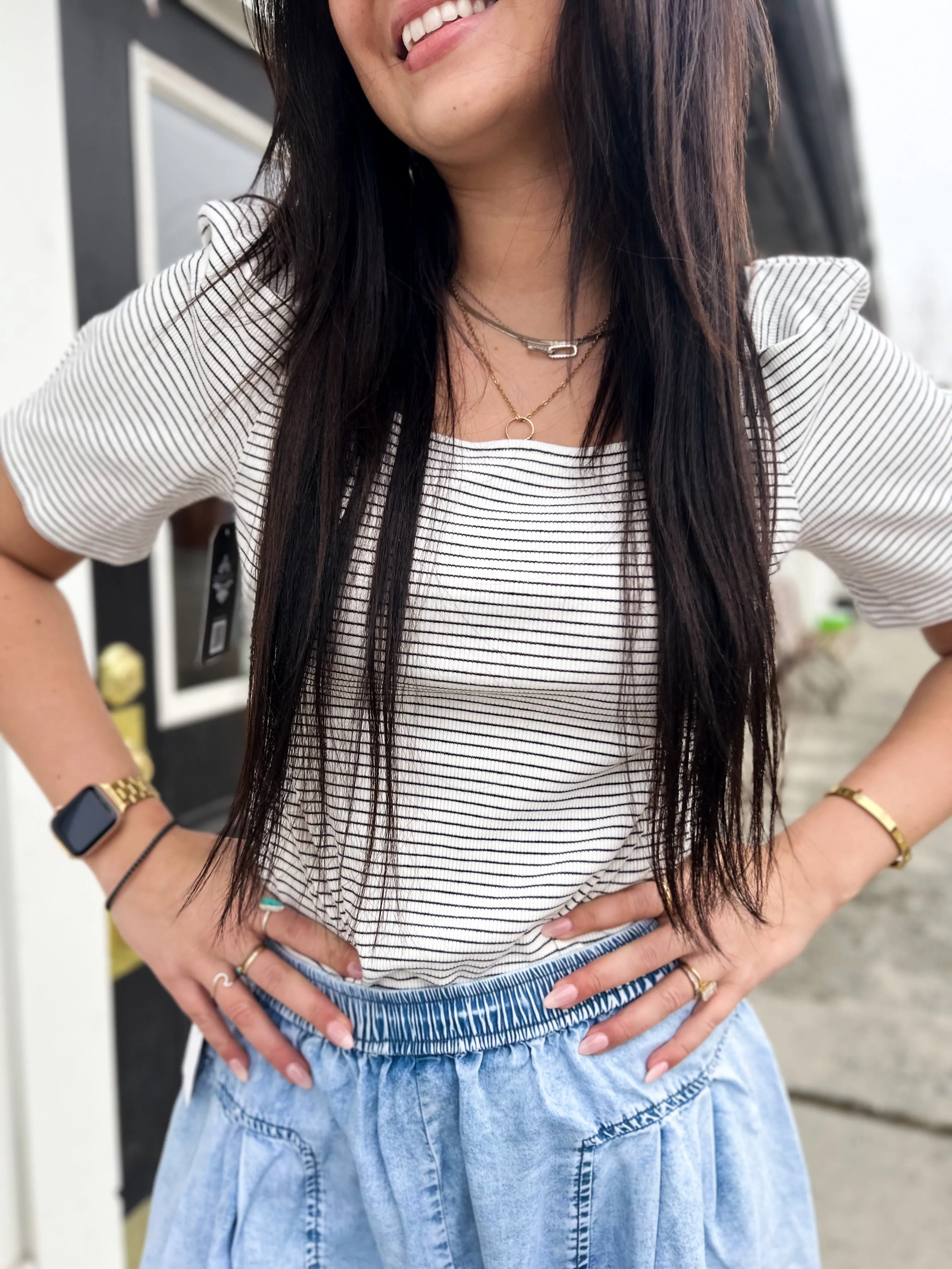 Tash Puff Striped Square Neckline SS Top- White/BLK
