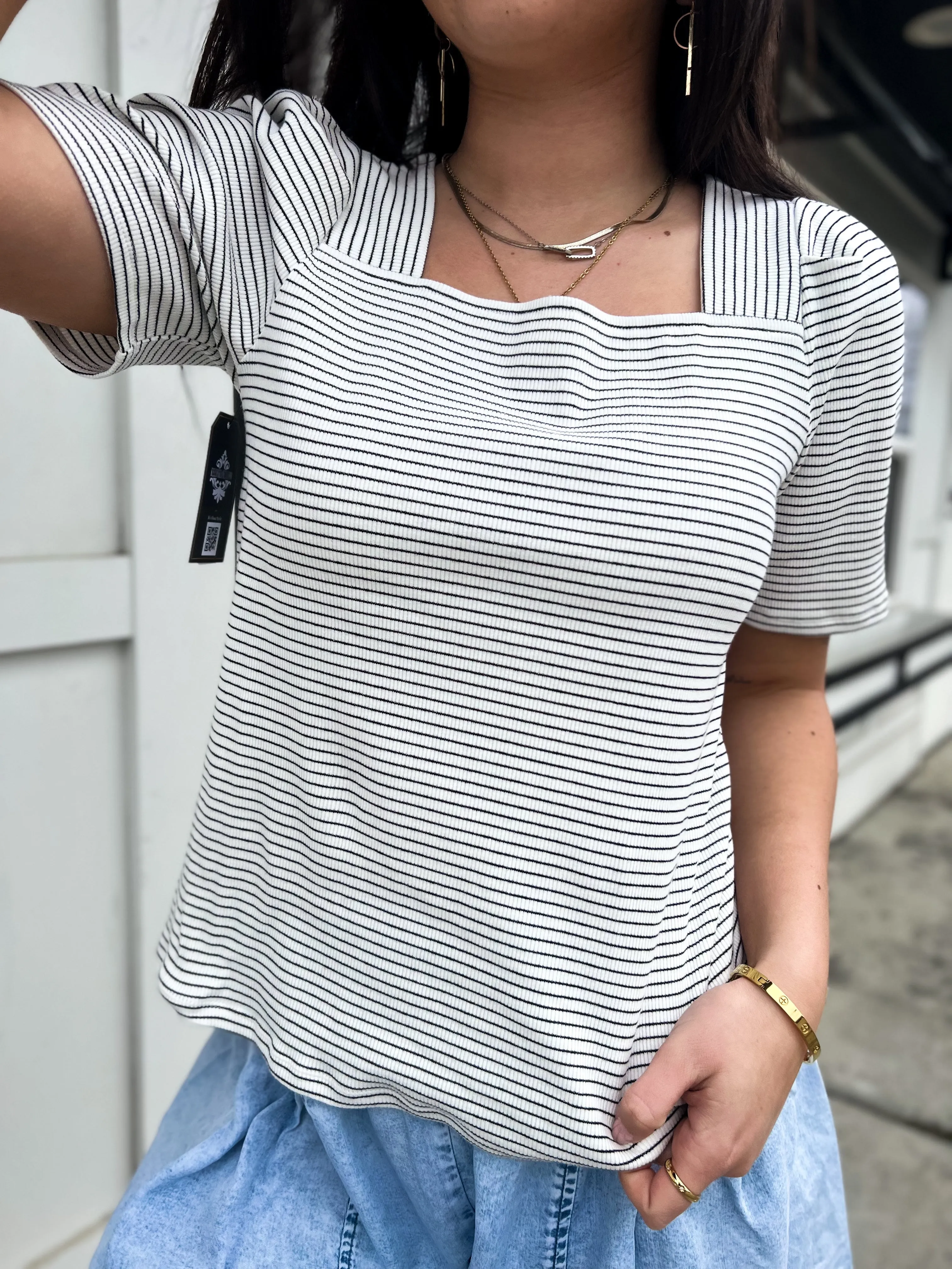 Tash Puff Striped Square Neckline SS Top- White/BLK