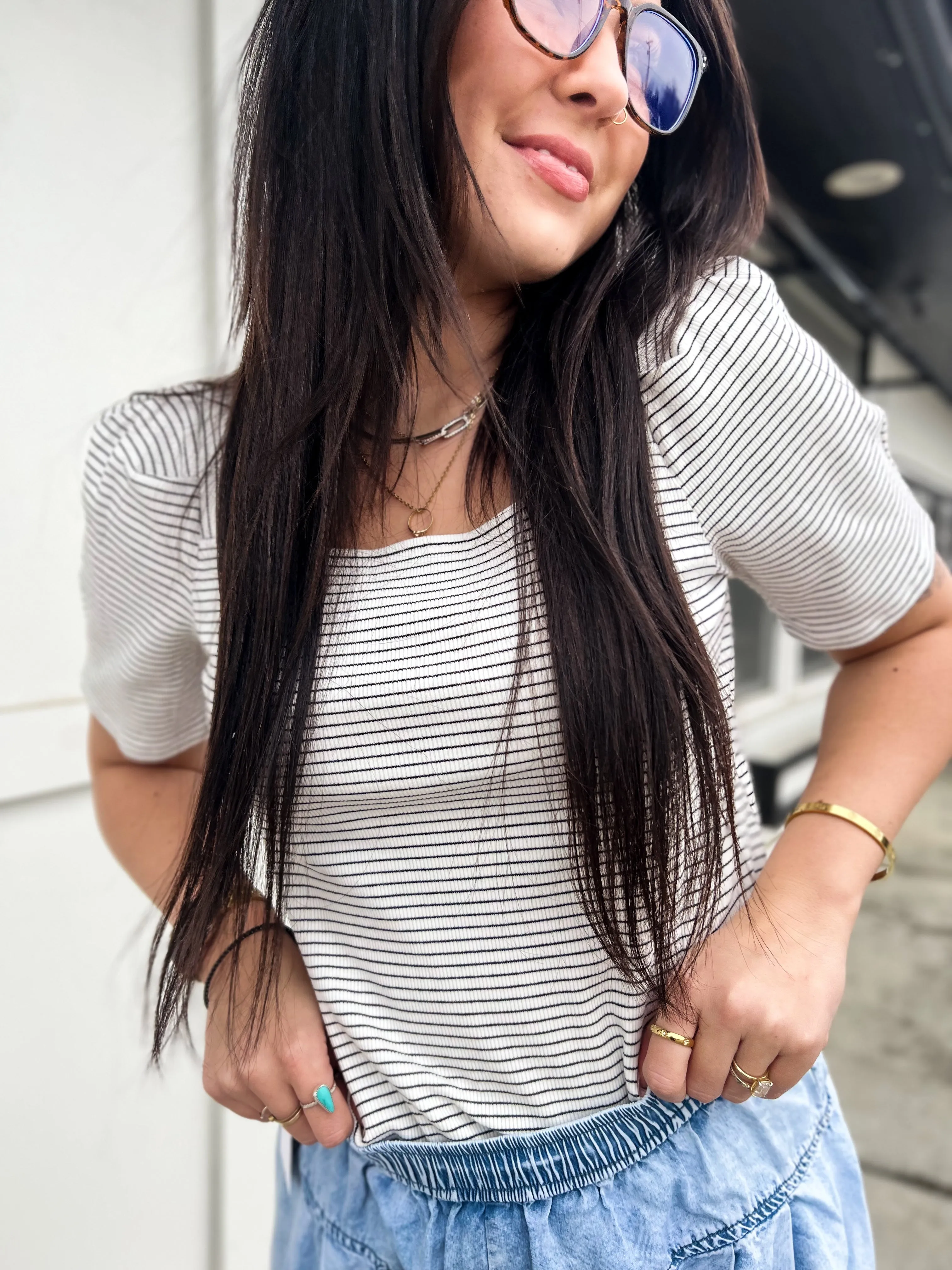 Tash Puff Striped Square Neckline SS Top- White/BLK