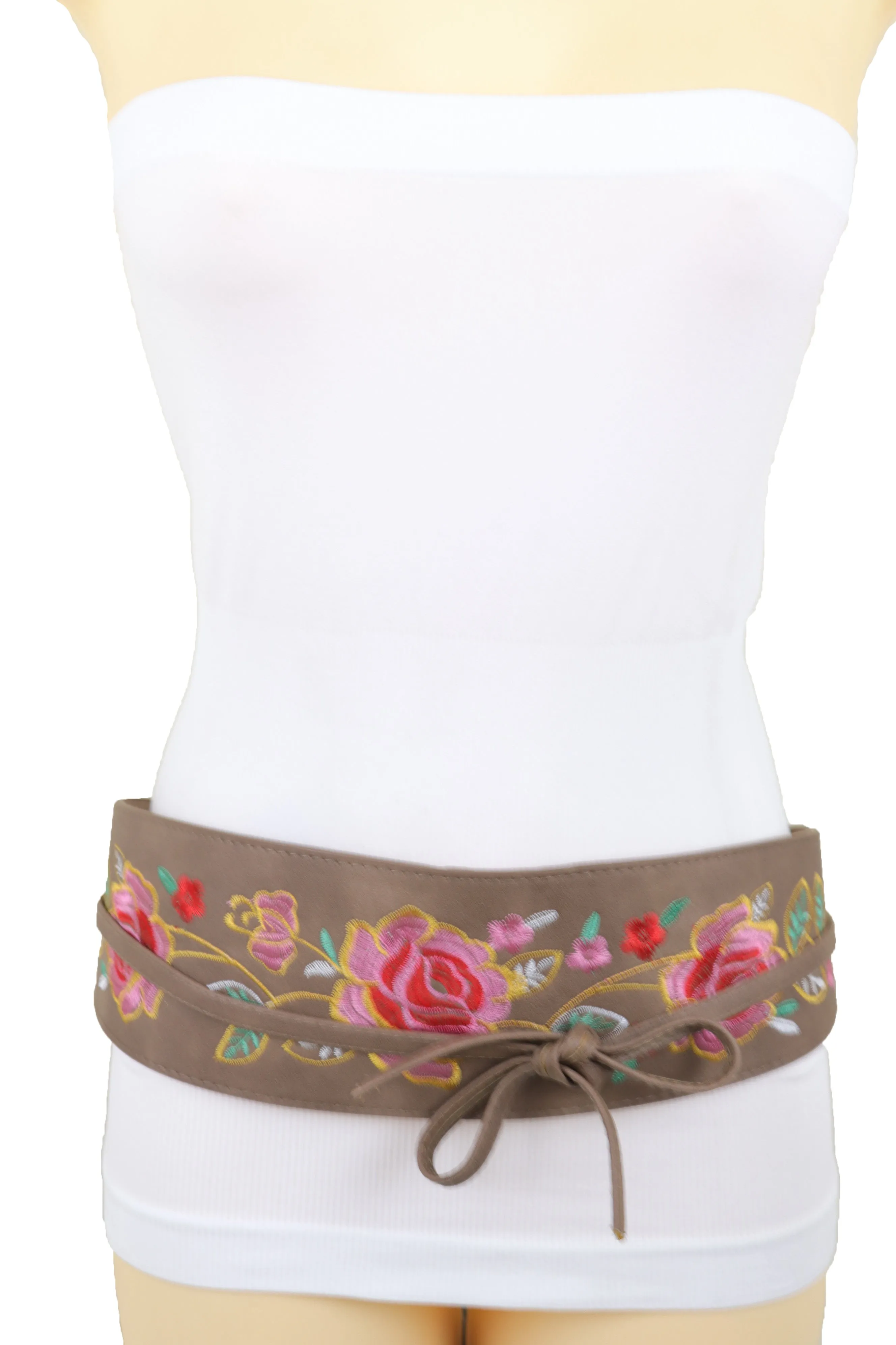 Taupe Beige High Waist Wide Faux Leather Wrap Around Tie Belt Flowers S M