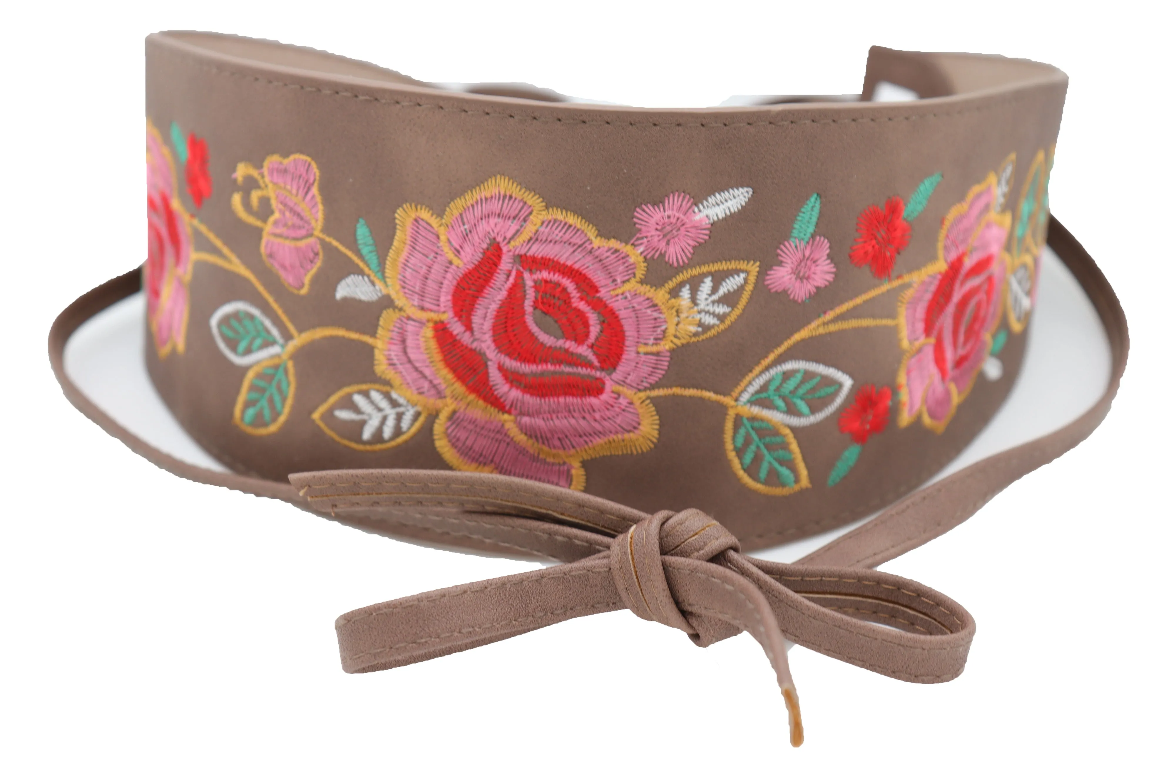 Taupe Beige High Waist Wide Faux Leather Wrap Around Tie Belt Flowers S M