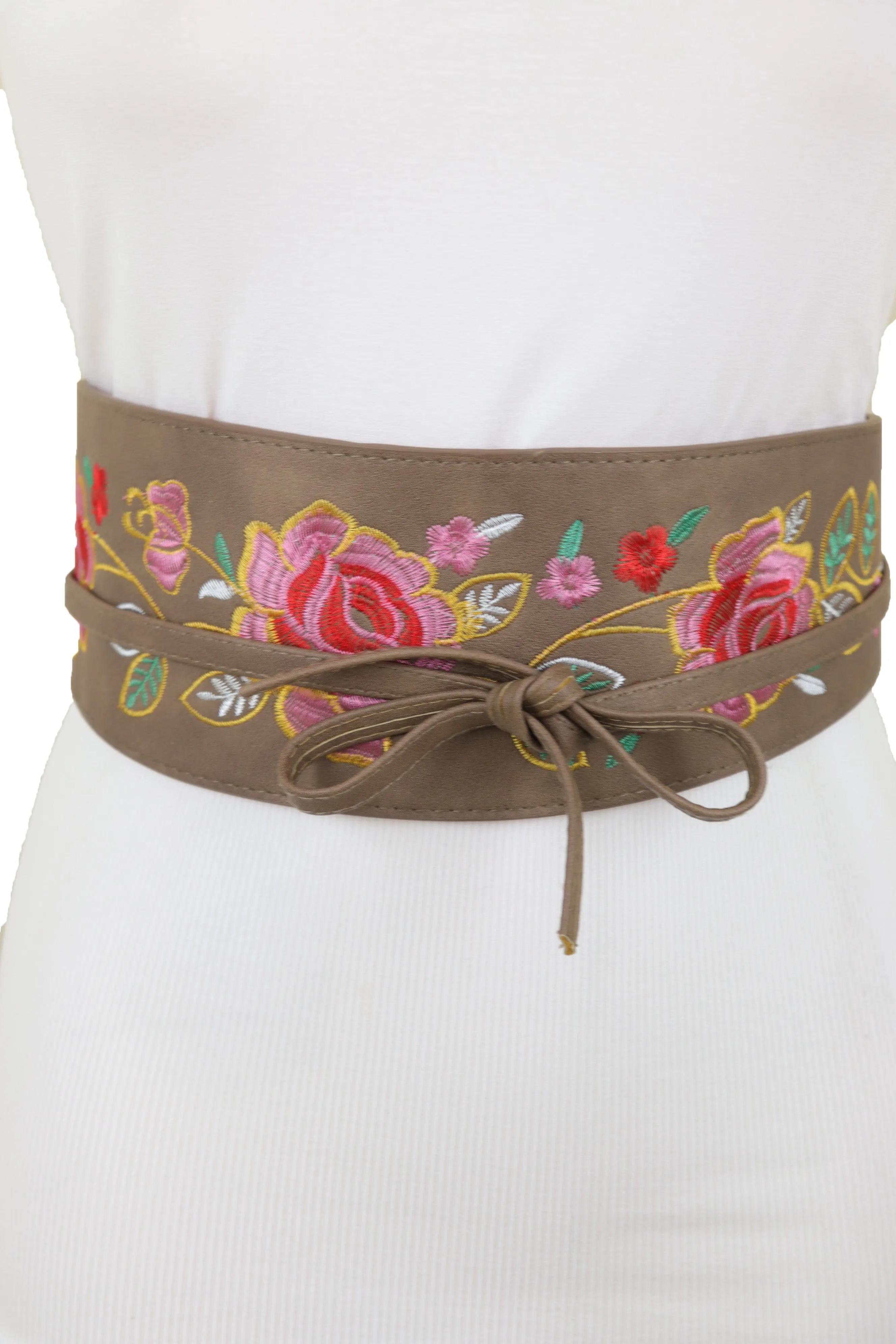 Taupe Beige High Waist Wide Faux Leather Wrap Around Tie Belt Flowers S M