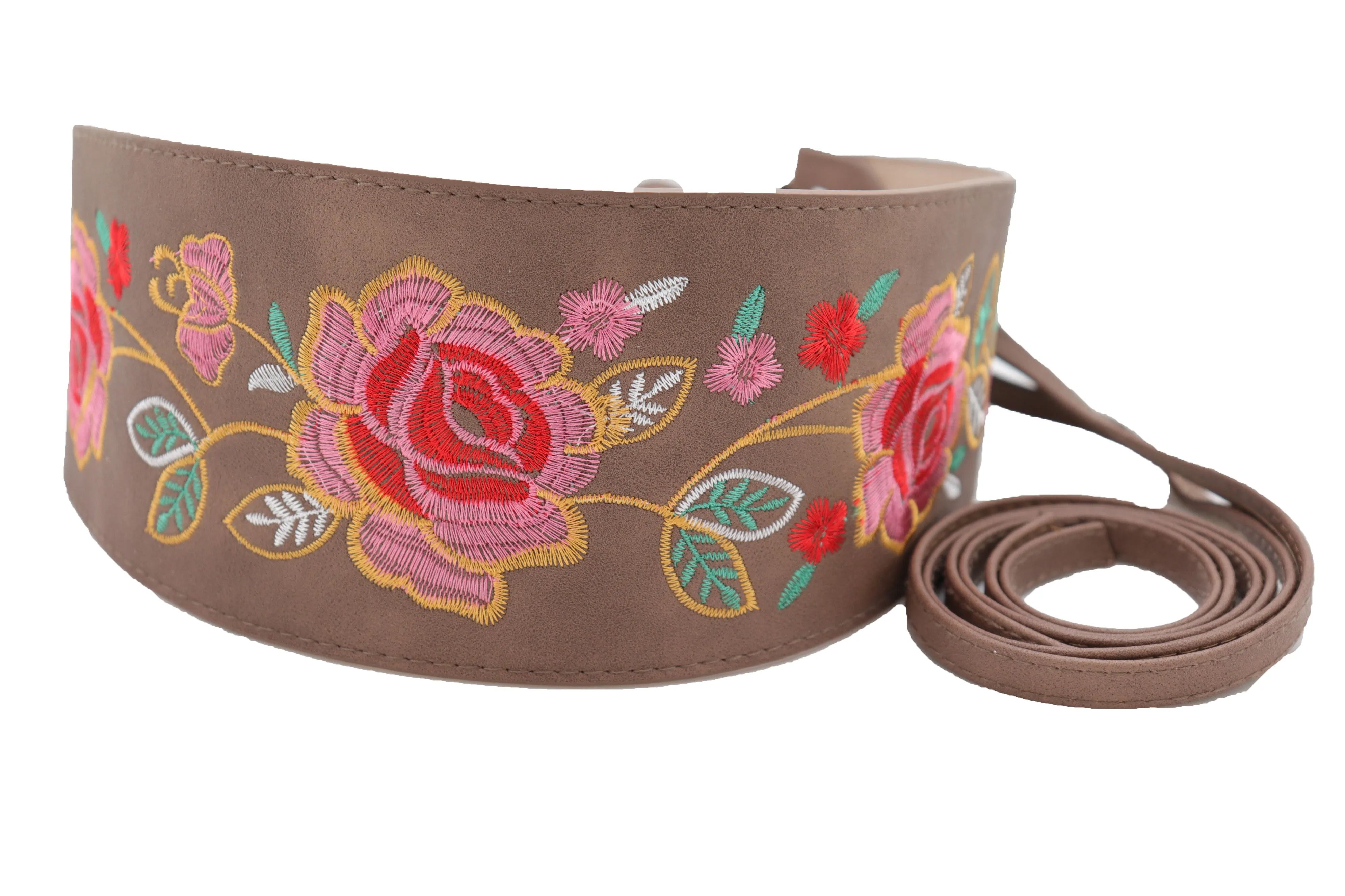 Taupe Beige High Waist Wide Faux Leather Wrap Around Tie Belt Flowers S M