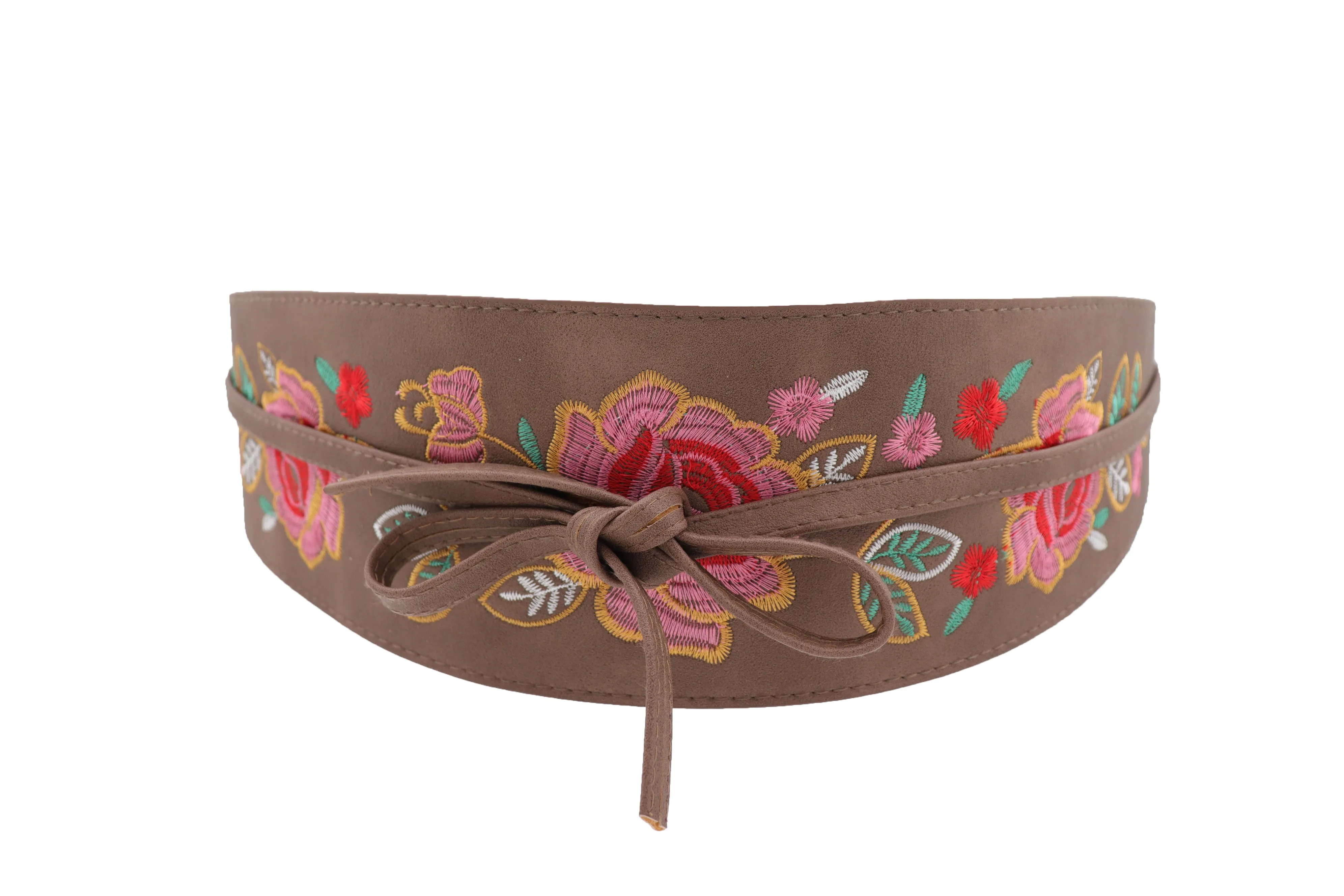 Taupe Beige High Waist Wide Faux Leather Wrap Around Tie Belt Flowers S M