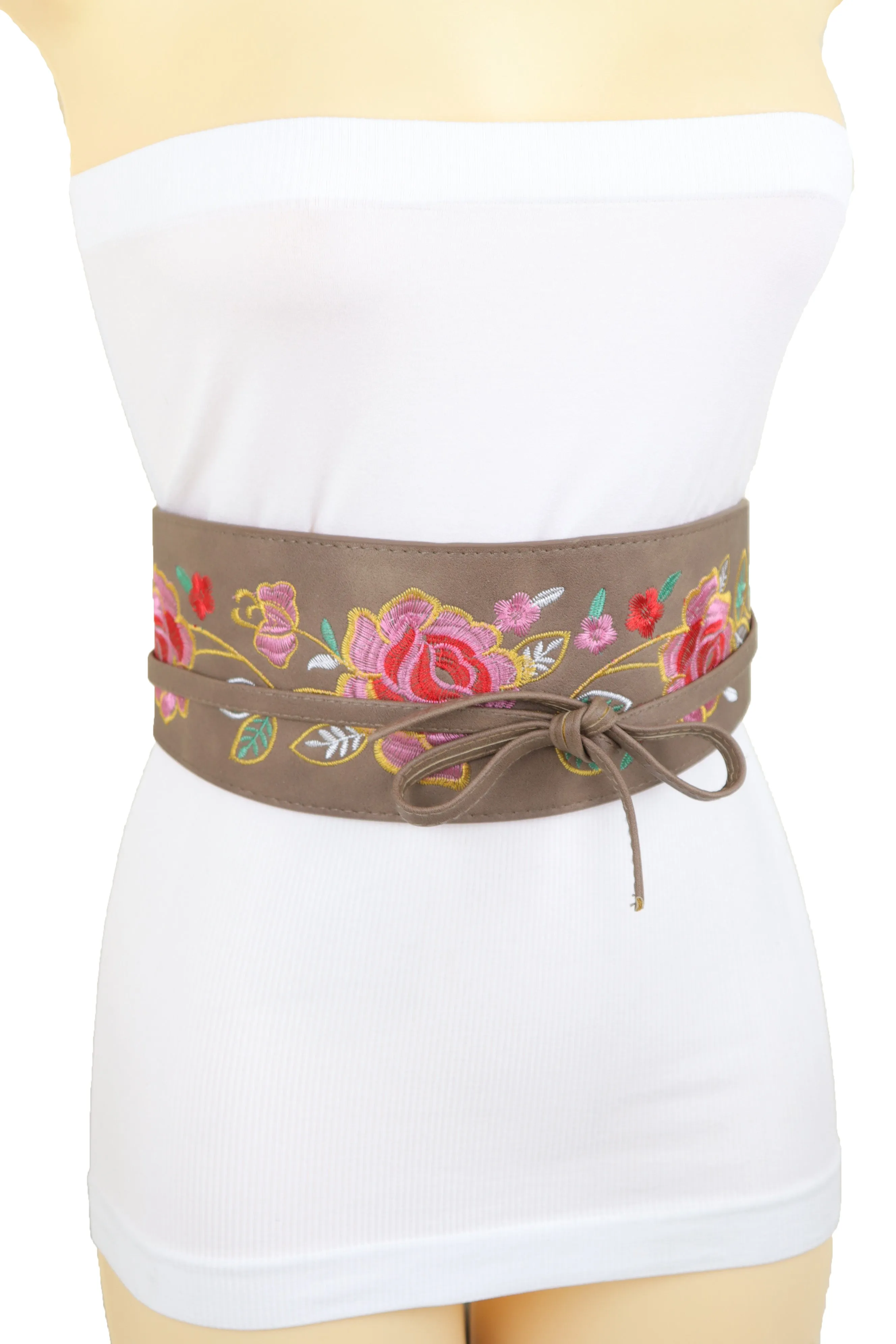 Taupe Beige High Waist Wide Faux Leather Wrap Around Tie Belt Flowers S M